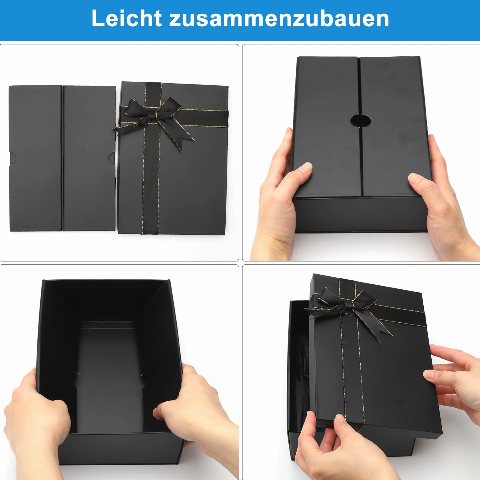 ZMDMAH Czarne pudełko prezentowe z pokrywką, 22,5 x 16 x 8,5 cm, prostokątne opakowanie na prezent, urodziny, z kokardką, pudełko na prezent, na urodziny, wesele, urodziny, Boże Narodzenie, jubileusz