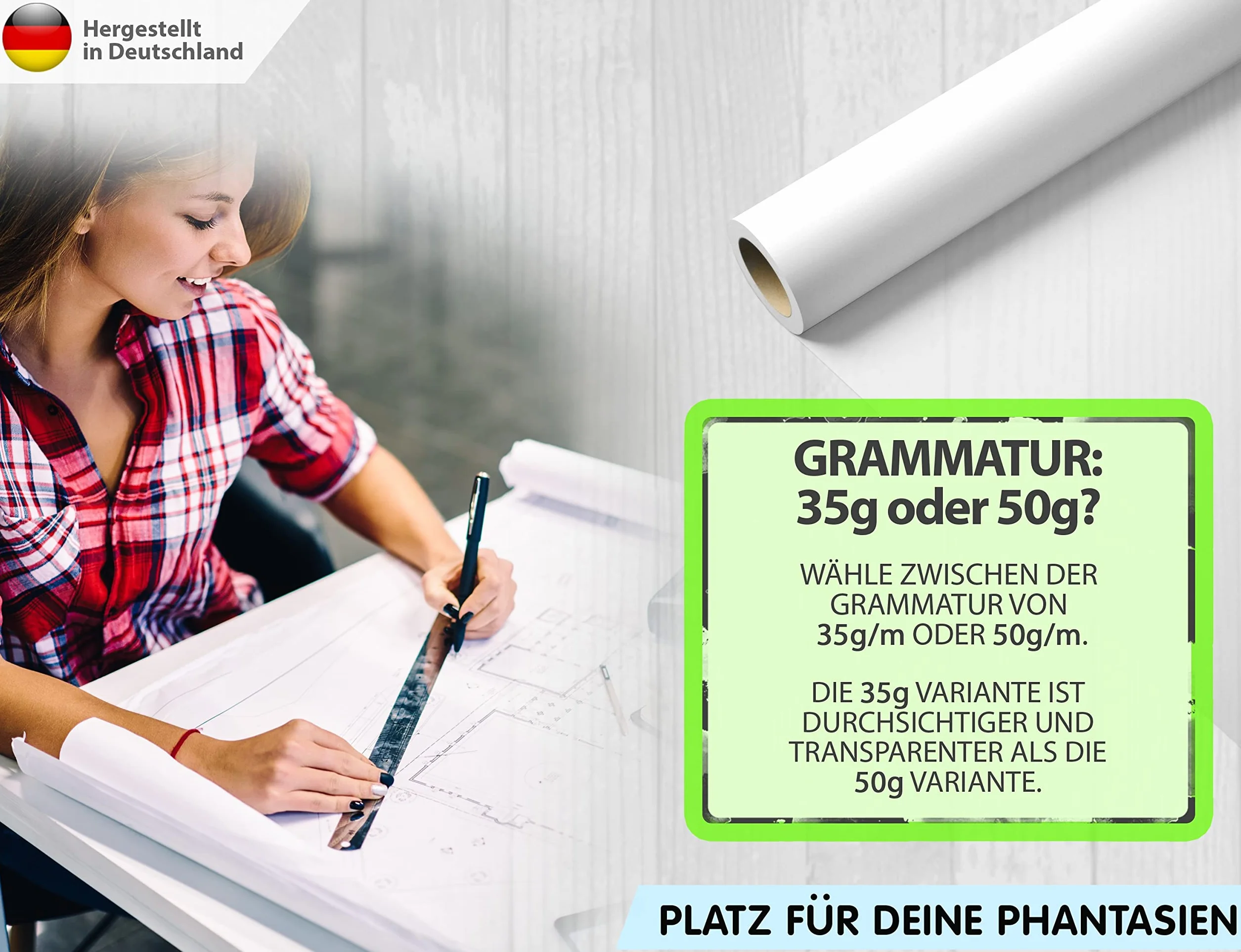Przezroczysty papier w rolce premium 91,4 cm x 50 m, 50 g/m – pusty papier do wycinania – papier do rysowania, szkicowania, "zrób to sam" do majsterkowania, architektury, rysowania – niemiecka firma