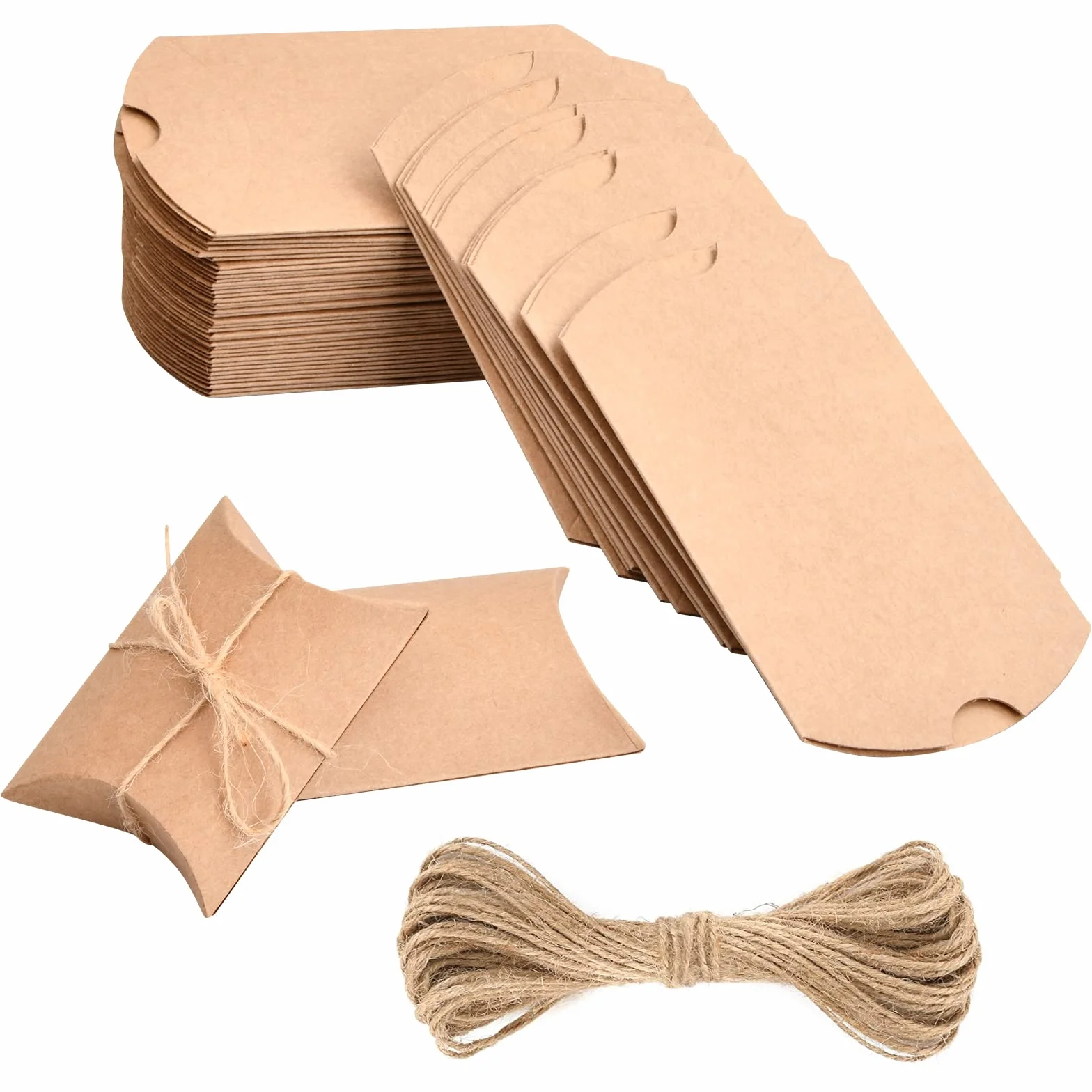 50 sztuk pudełek prezentowych z papieru kraft, pudełko w kształcie poduszki ze sznurkiem jutowym, w stylu vintage, pudełko prezentowe na słodycze, małe pudełko prezentowe na wesele, urodziny, imprezę