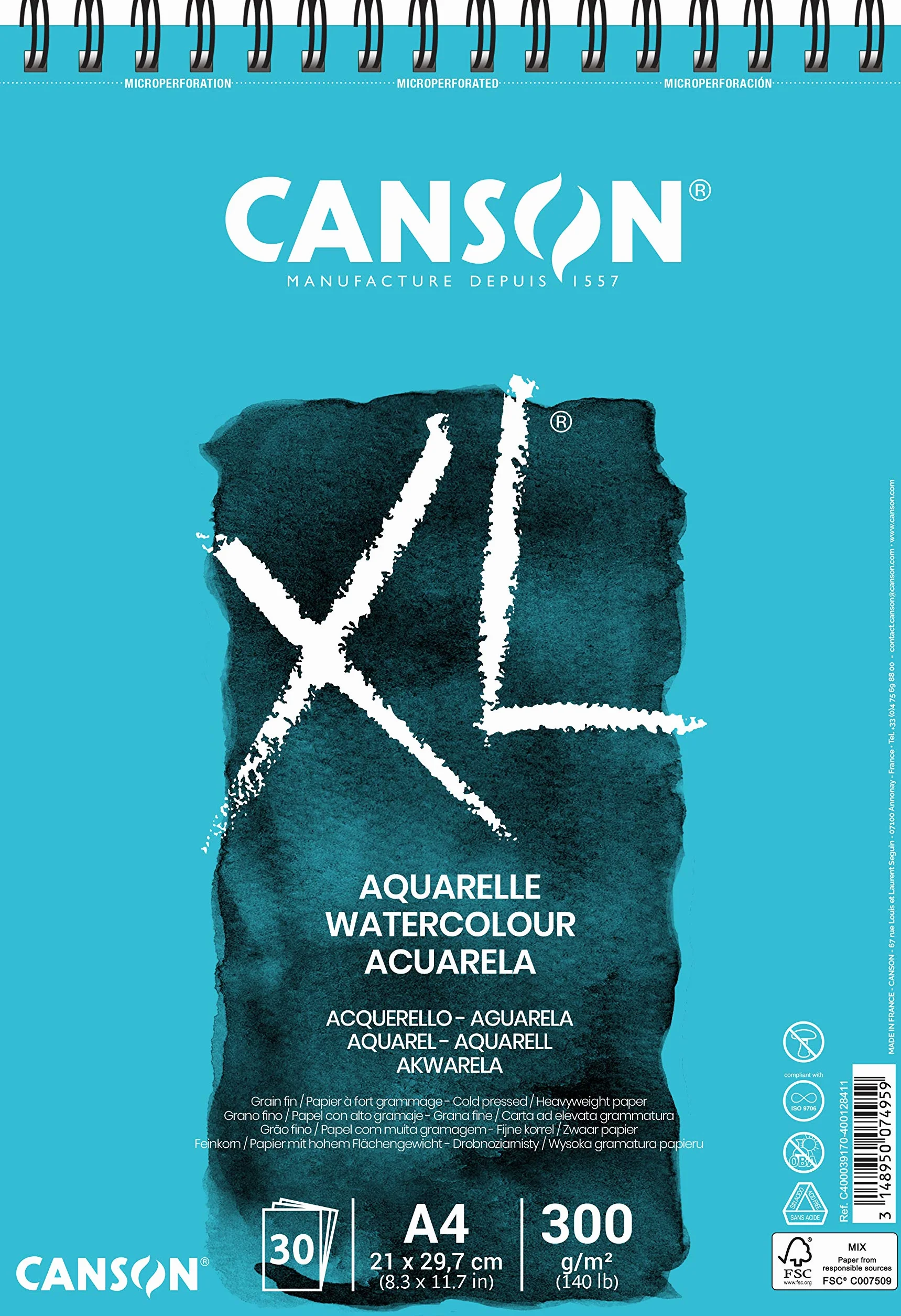 Canson - XL Aquarelle Blok Akwarelowy, Niebieski, A4 / 30 Arkuszy,400039170