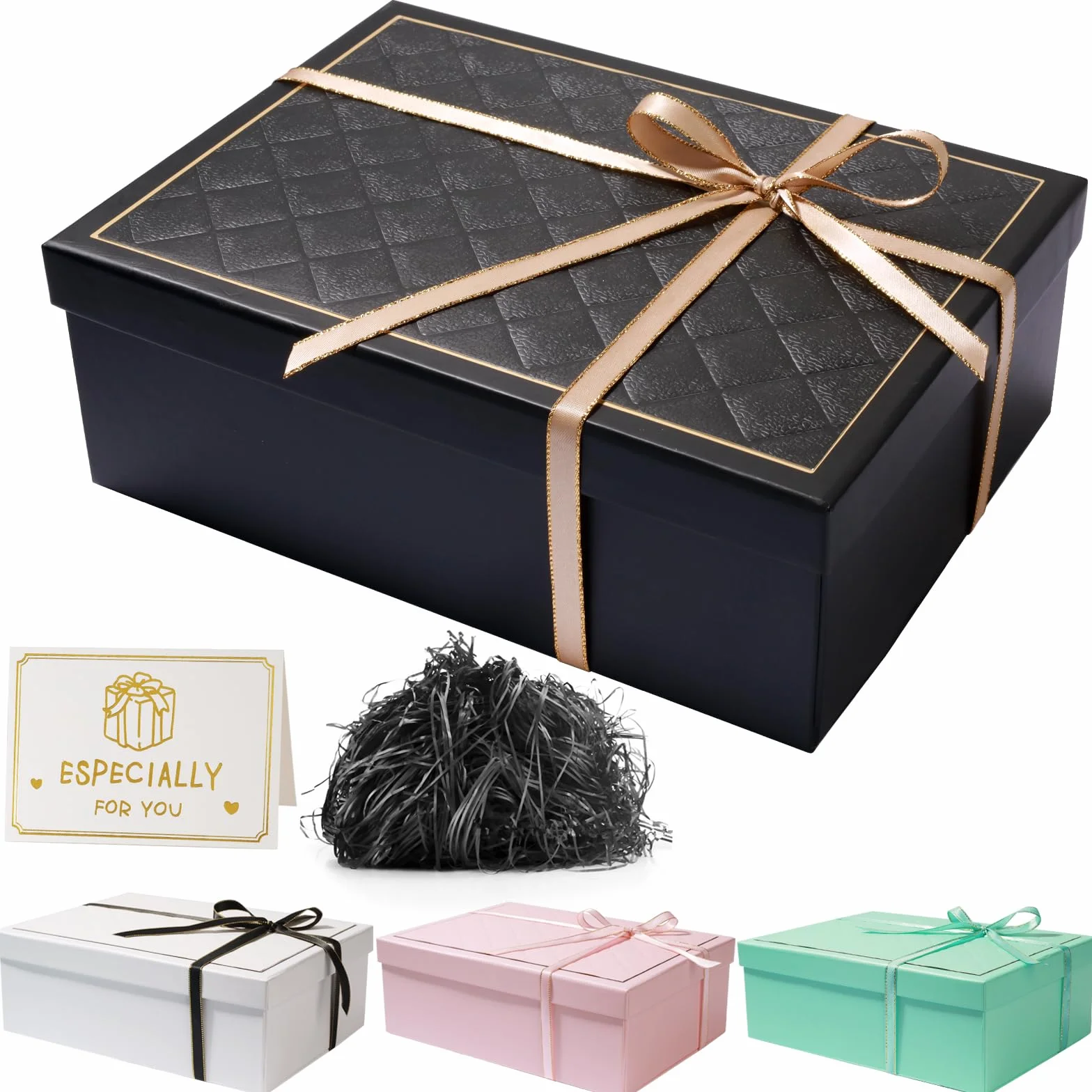 Pudełko prezentowe z pokrywką 25 x 18 x 9 cm, pudełko prezentowe z kokardkami, kartki z życzeniami, Raffia Hamper Shreds na wesele, urodziny, Boże Narodzenie (czarne)