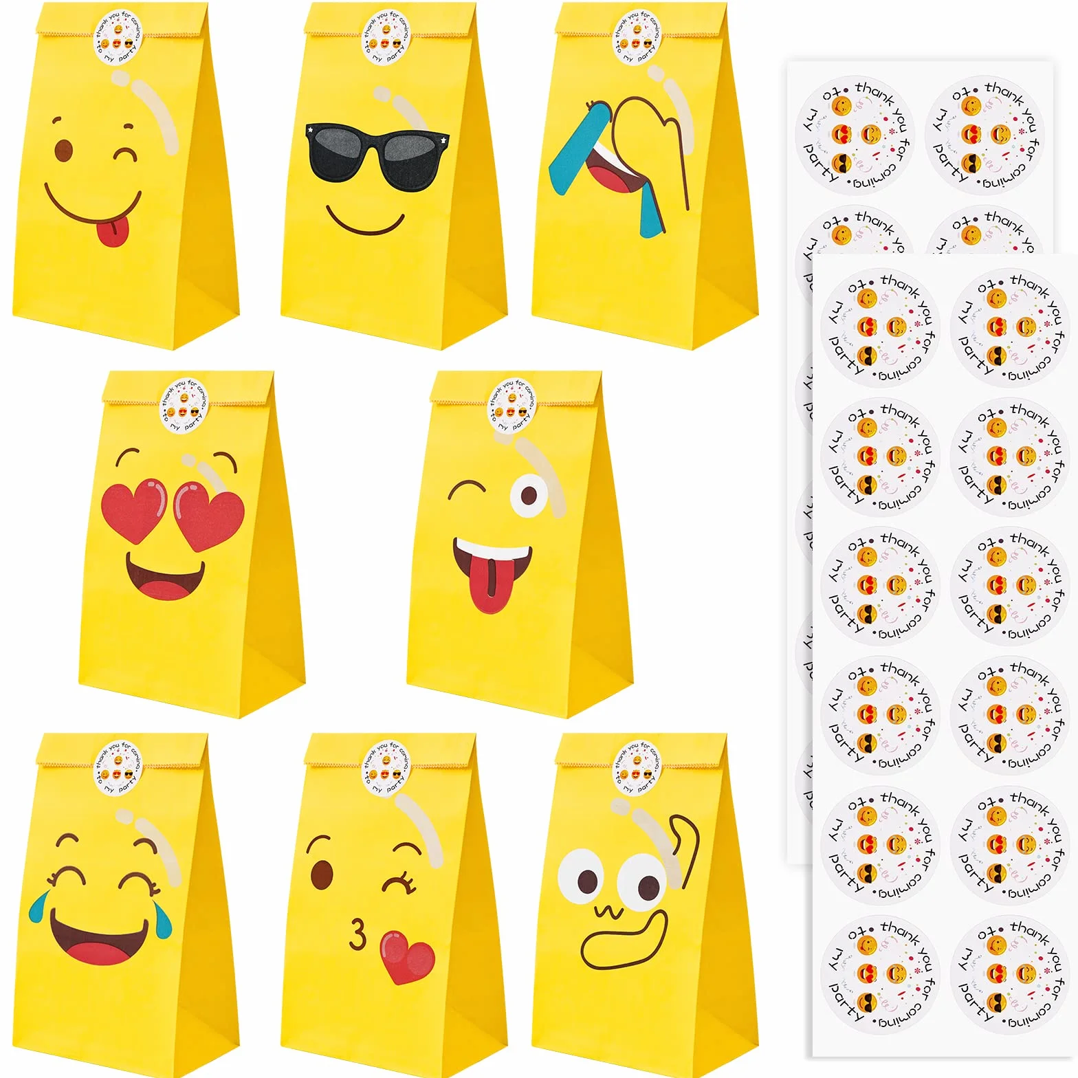 20 sztuk woreczków z emotikonami, papierowa torba prezentowa z 24 naklejkami, mała saszetka urodzinowa dla dzieci, papierowa saszetka na prezent z 8 motywami, do pakowania, ciasteczek, krówek, imprez