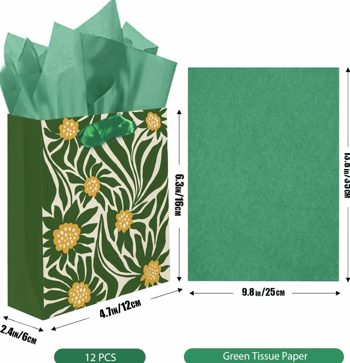 qiqee Clash Flowers papierowe worki prezentowe z uchwytami z bibuły 12 sztuk 6,1 x 12 x 16 cm małe (12 worków + 24 sztuk bibuły)