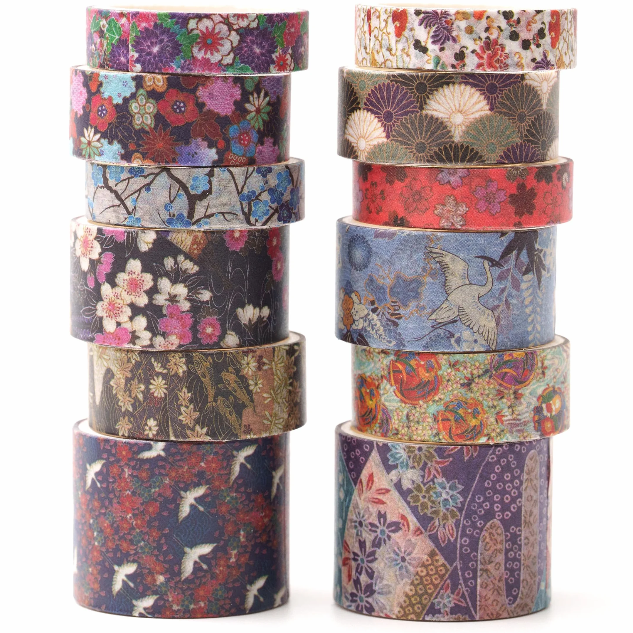 KAVI' S 12 rolek zestaw taśm dekoracyjnych Kyoto Charme Washi Tape, papierowe taśmy maskujące, wielokolorowe, do scrapbookingu, rzemiosła (Purple Sakura)