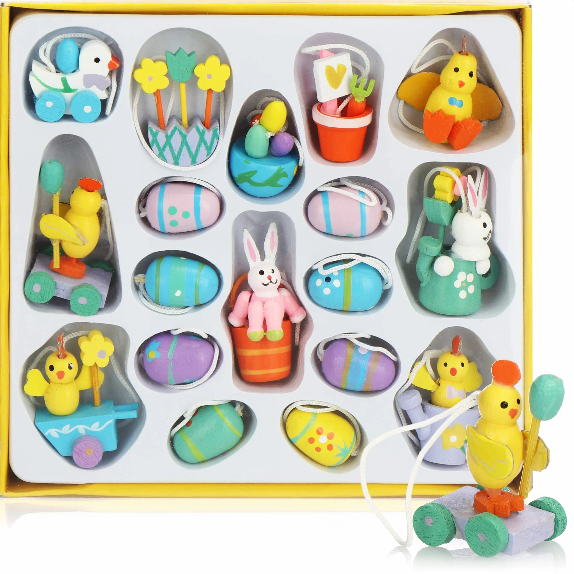 COM-FOUR® 18-czesciowy zestaw drewnianych figurek wielkanocnych - Drewniana dekoracja wielkanocna - Drewniane figurki na Wielkanoc do powieszenia (18 kolorowych zawieszek)