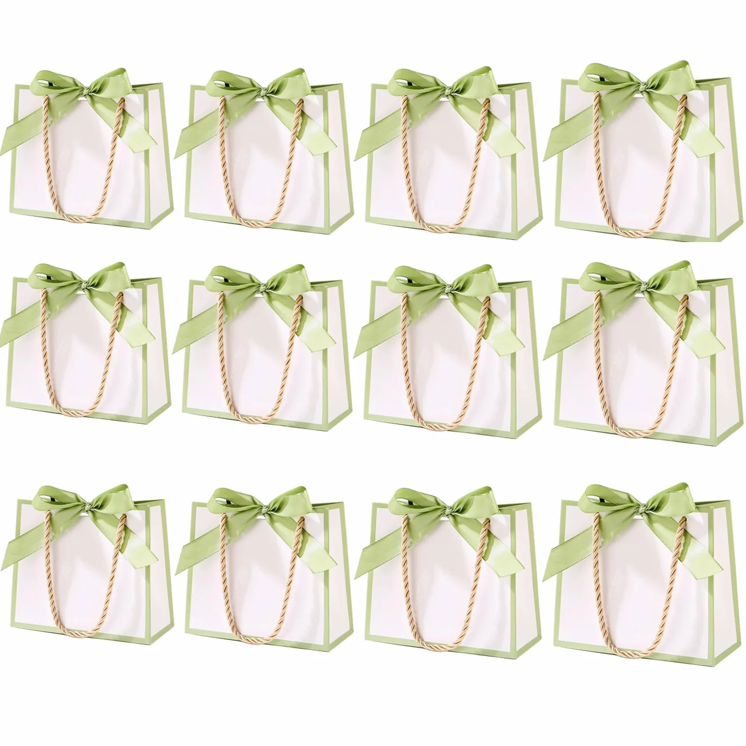 12 sztuk małych torebek na prezenty z uchwytami, mini torebki na prezenty "Dziękuję" ze wstążką na ślub, baby shower, urodziny (białe, zielone, 12 sztuk)