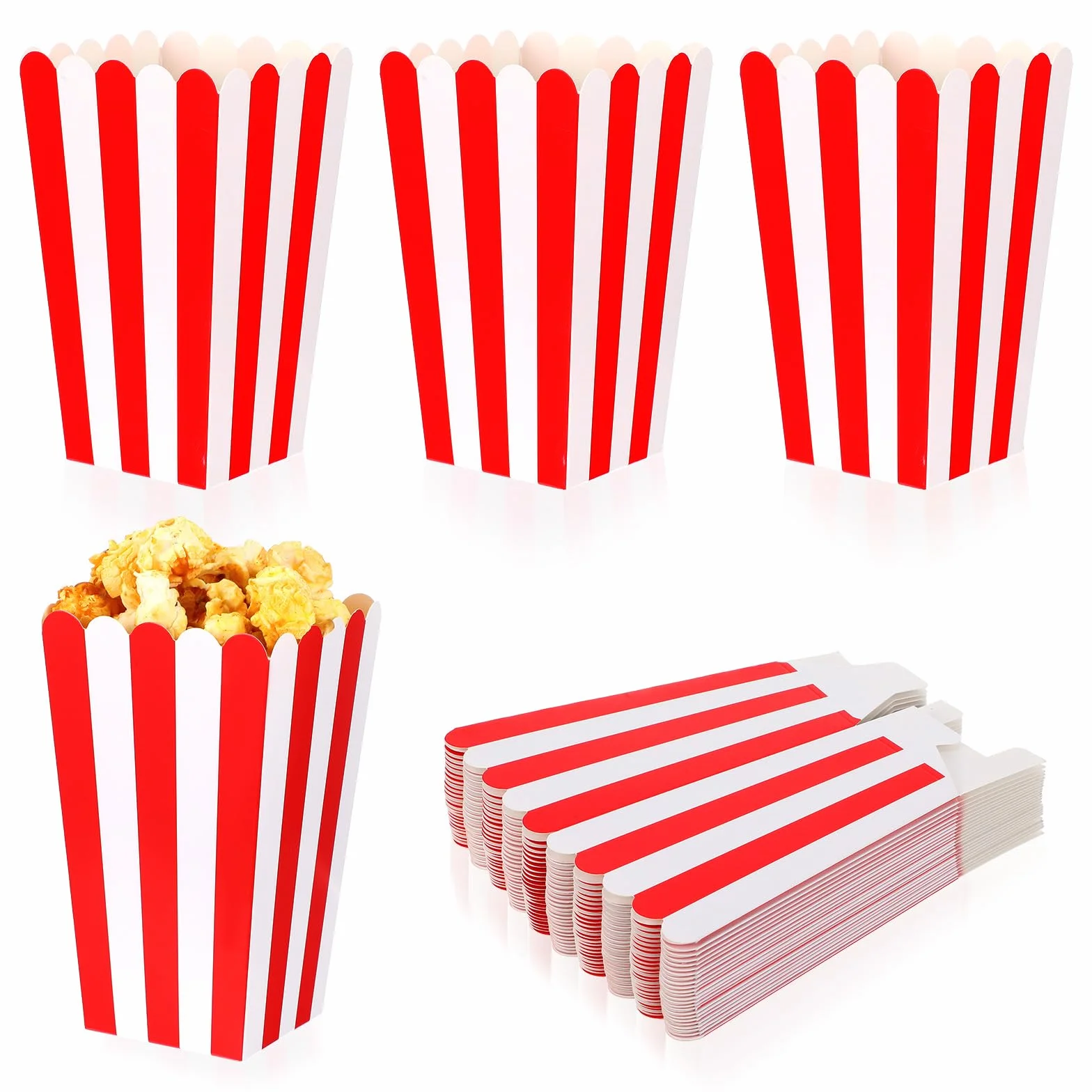 TIESOME 24 sztuki torebek na popcorn, małe kartonowe pudełka na popcorn, kubki candy bar, pojemniki na słodycze, pasiaste torebki imprezowe, torebki na popcorn na wieczory filmowe, kino, przekąski