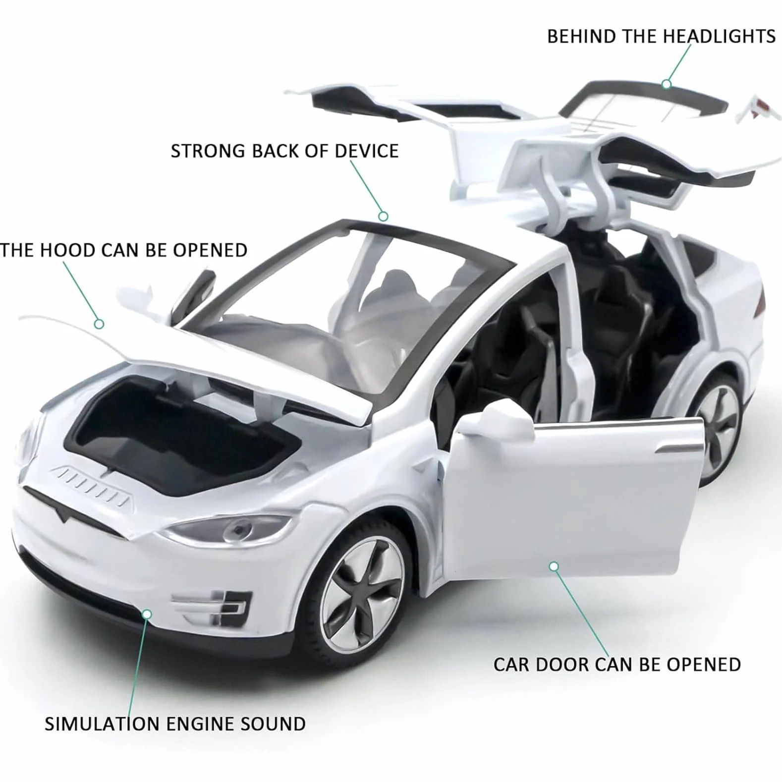 Model samochodu Tesla Model X w skali 1:32, elektroniczna zabawka ze stopu odlewanego ciśnieniowo z funkcją cofania, ze światłami i muzyką, mini pojazd zabawka jako prezent dla dzieci (biały)