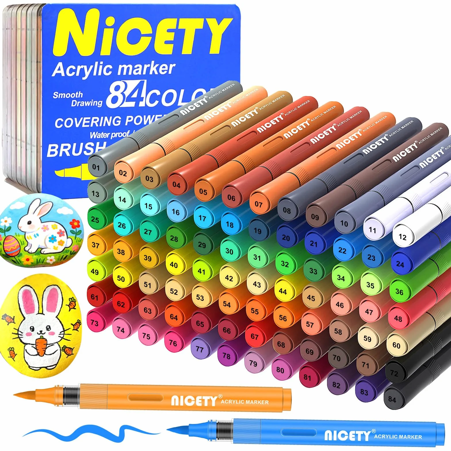NICETY 84 Kolory Markery Akrylowe – Pisaki z Końcówką Pędzelkową 1–5mm do Kamieni, Drewna, Szkła i Ceramiki – Na Bazie Wody z Automatycznym Systemem Kontroli Atramentu i 10 Zapasowymi Końcówkami