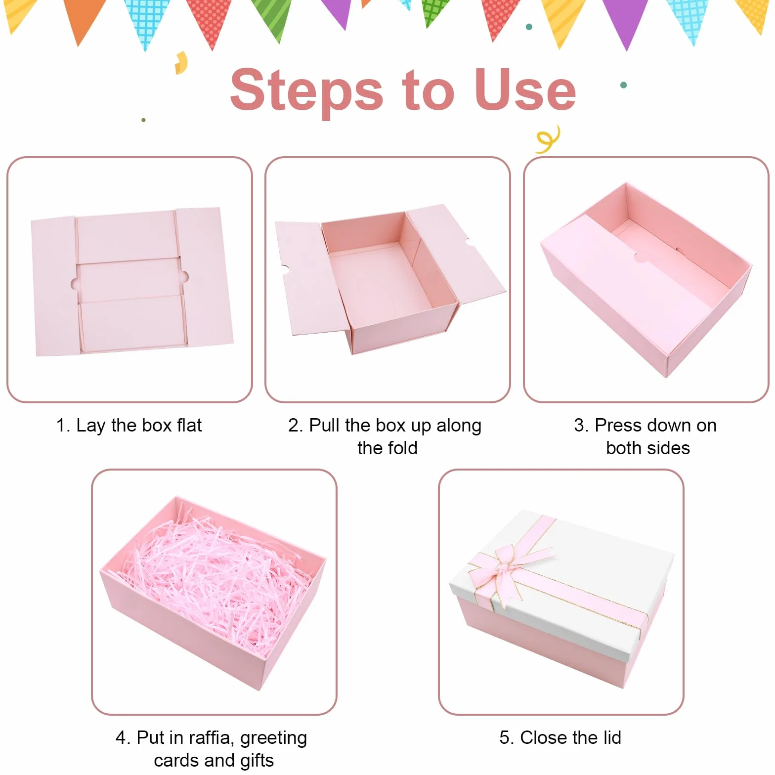 Realjoy Pudełko prezentowe z kokardą, 25 x 18 x 8,5 cm, różowe, składane puste pudełko upominkowe z pokrywką, kartki okolicznościowe i Rafia na wesela, urodziny, Walentynki i Boże Narodzenie (biała