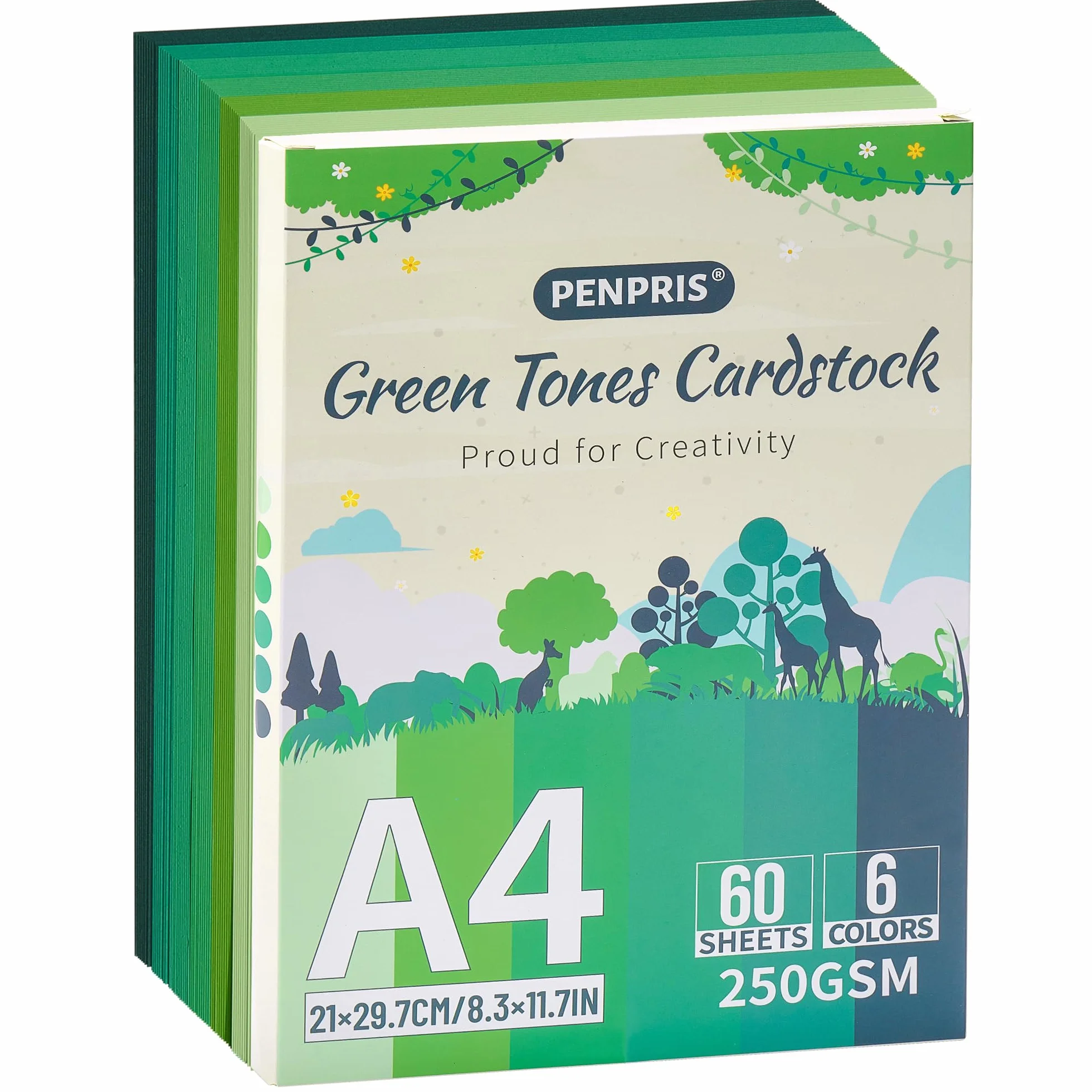 Green Tones PAC06MX3 Zestaw 60 arkuszy grubych kartonów w formacie DIN A4, 250 g/m², do drukarki, tworzenia kart, rękodzieła, scrapbookingu