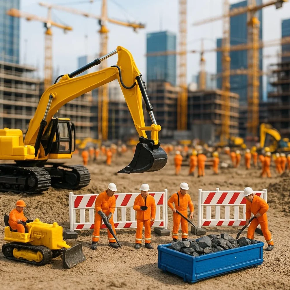 H0 Zestaw budowlany nr 1, 9-częściowy: koparka łańcuchowa, ładowarka gąsienicowa, kontenery gruzu, odgrodzenia i pracownicy budowlani, żywica druk 3D, ręcznie malowana, skala 1:87, produkcja