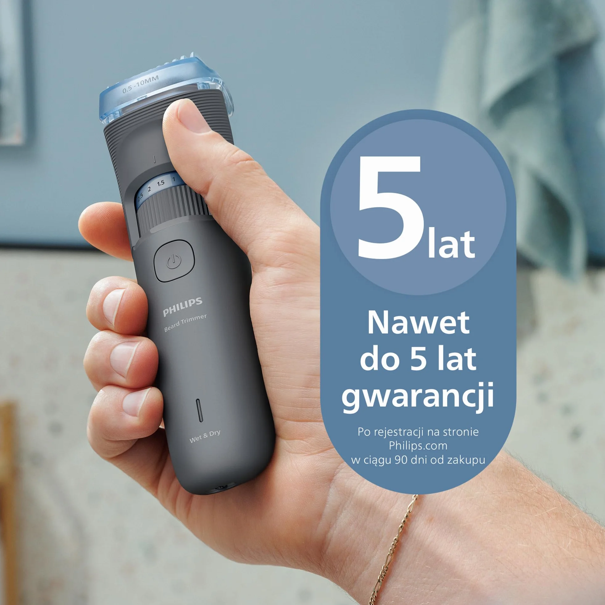 Trymer do brody Philips z serii 3000 – samoostrzące się ostrza z zaokrąglonymi końcówkami, 20 ustawień, nasadka Lift&Trim, 100% wodoodporności, wskaźnik naładowania baterii, miękkie etui, BT3619/15