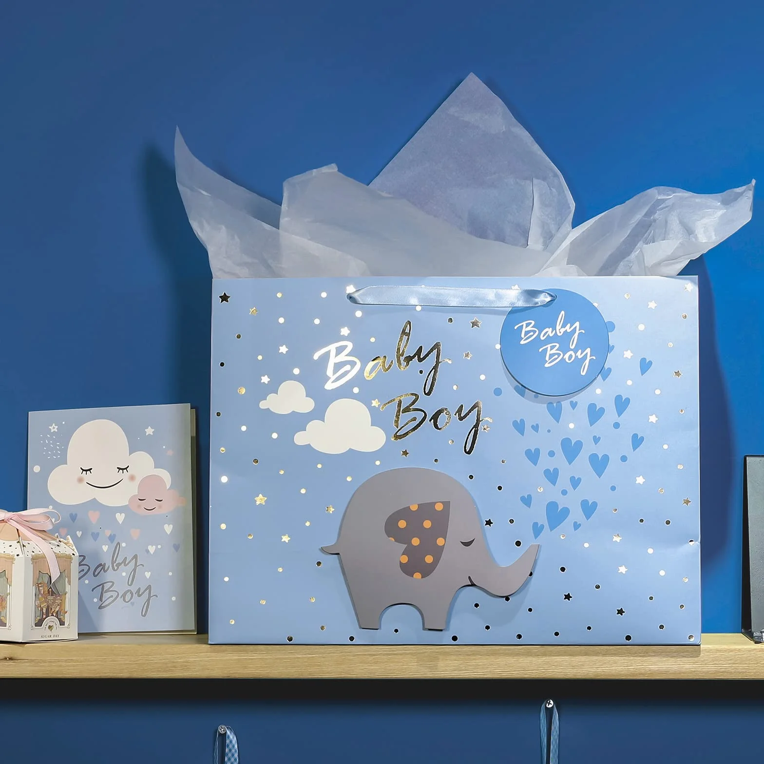 Loveinside Bardzo duża torba prezentowa z kartą podarunkową i białą bibułką - Baby Boy 3D Making Design - 40,7 × 15,3 × 30,5 cm