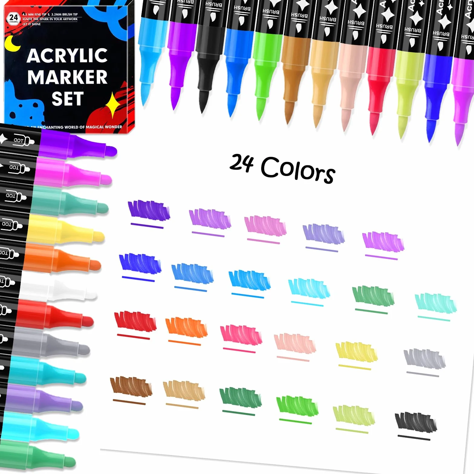24 pisaki akrylowe do kamieni, wodoodporne, 0,5-5 mm, wodoodporne, Dual Tip, pisaki do malowania kamieni, pisaki akrylowe, różne powierzchnie, z podwójną końcówką (24 kolory, 24)