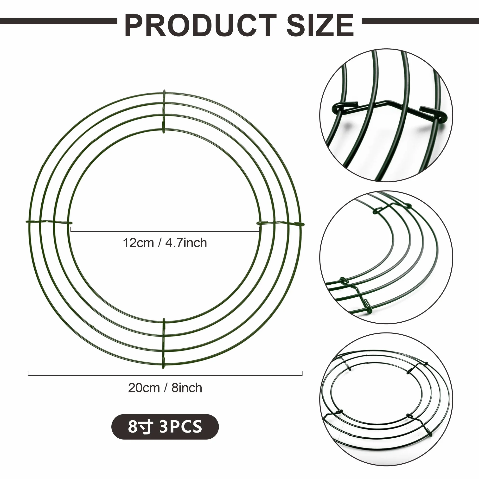 3-pak świątecznych obręczy do wieńców z drutu, 8 cali (20 cm) metalowa rama wieńca, podstawa wieńca rzemieślniczego, materiały do produkcji wieńców na Święto Dziękczynienia i Halloween, wesela, Boże