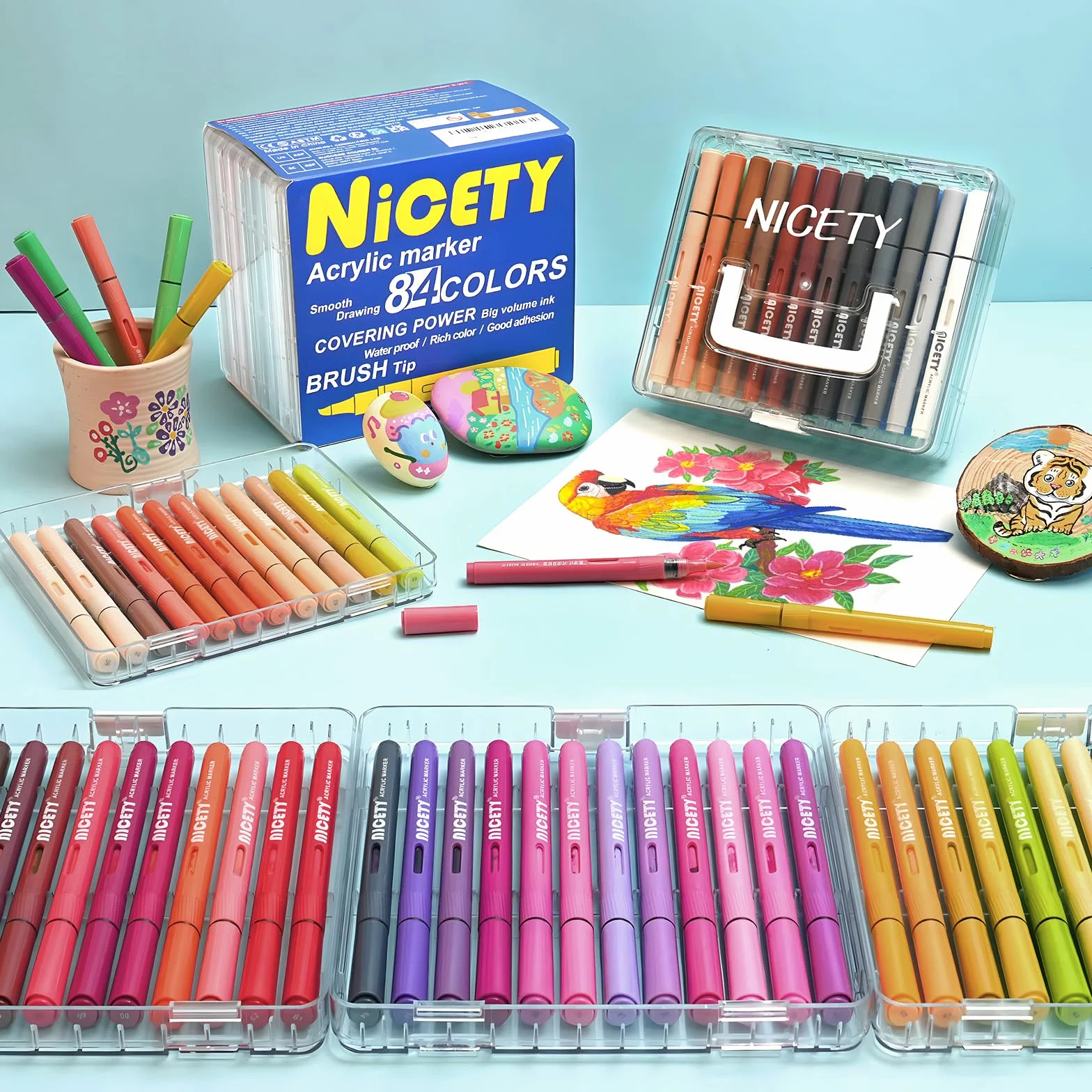 NICETY 84 Kolory Markery Akrylowe – Pisaki z Końcówką Pędzelkową 1–5mm do Kamieni, Drewna, Szkła i Ceramiki – Na Bazie Wody z Automatycznym Systemem Kontroli Atramentu i 10 Zapasowymi Końcówkami