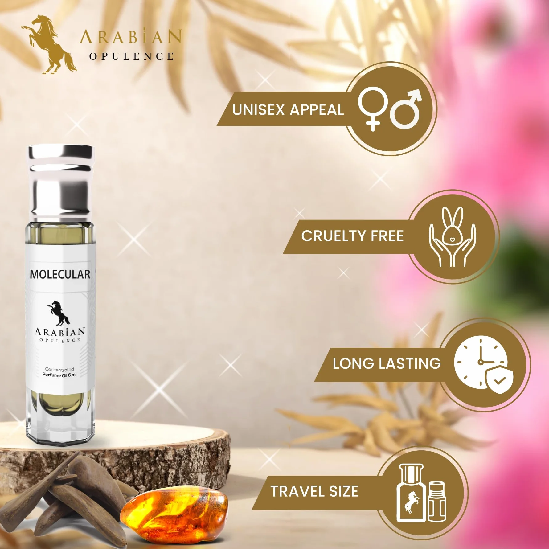 Arabian Opulence FR201 MOLECULAR olejek perfumowany w kulce, skoncentrowany olejek do ciała, długotrwały olejek na bazie oleju, dla mężczyzn i kobiet, butelka podróżna, bez alkoholu, 6 ml
