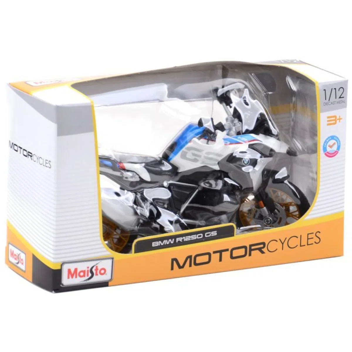 Maisto BMW R1250GS: model motocykla w skali 1:12, ze sprężyną i rozkładanym stojakiem bocznym, 17 cm, niebiesko-biały (5-20100), średni