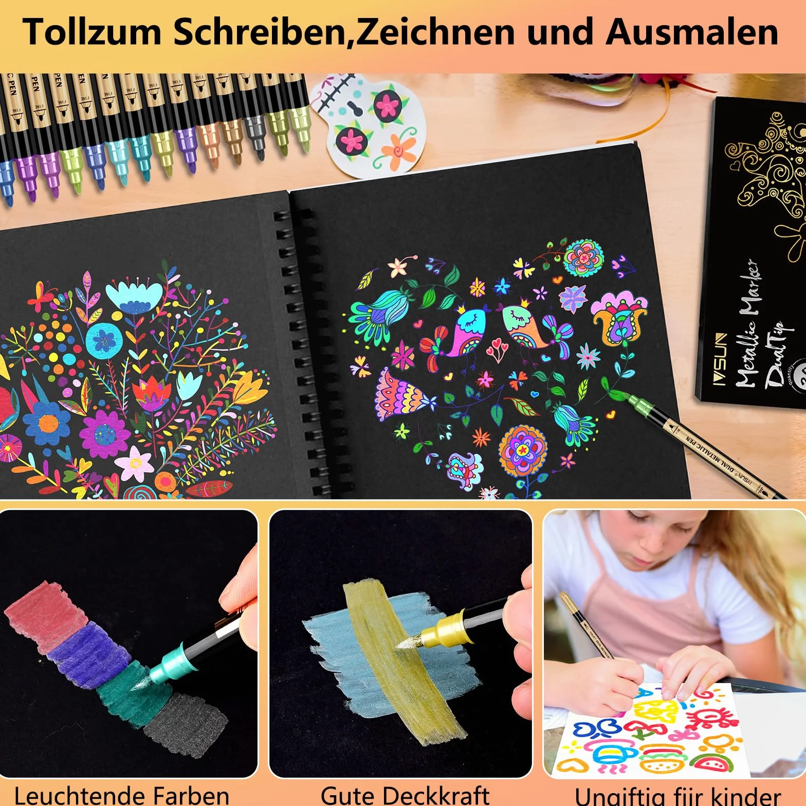 IVSUN Metaliczne markery, 12 metalicznych pisaków akrylowych, wodoodporne, zestaw do albumu fotograficznego, księgi gości, na wesele, akcesoria do scrapbookingu, czarny papier, drewno, szkło, kamienie