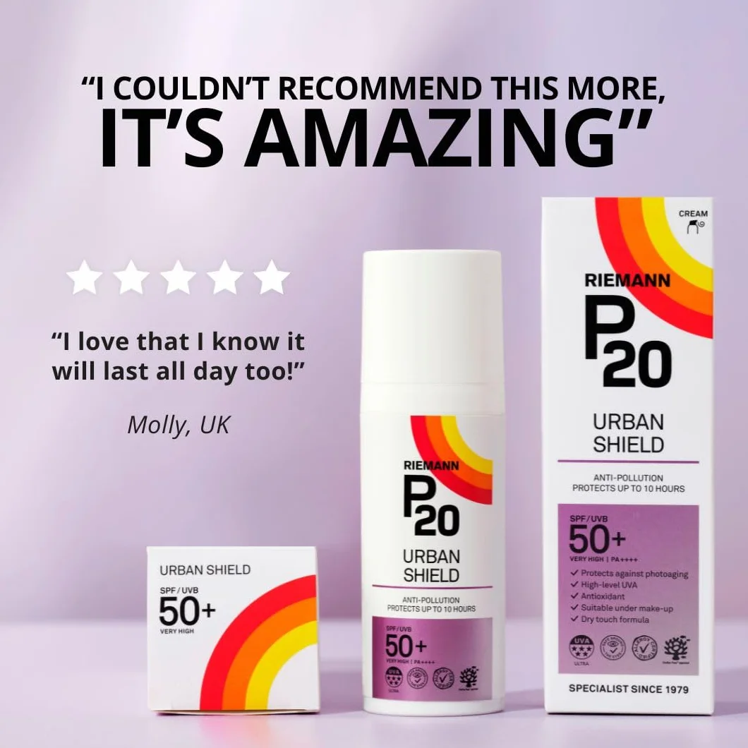 P20 Filtr przeciwsłoneczny SPF 50+, Urban Shield, ochrona przeciwsłoneczna do 10 h, technologia potrójnej ochrony, ochrona przed promieniowaniem UVA/UVB, antyoksydant z witaminą C+E, odporny na wodę i