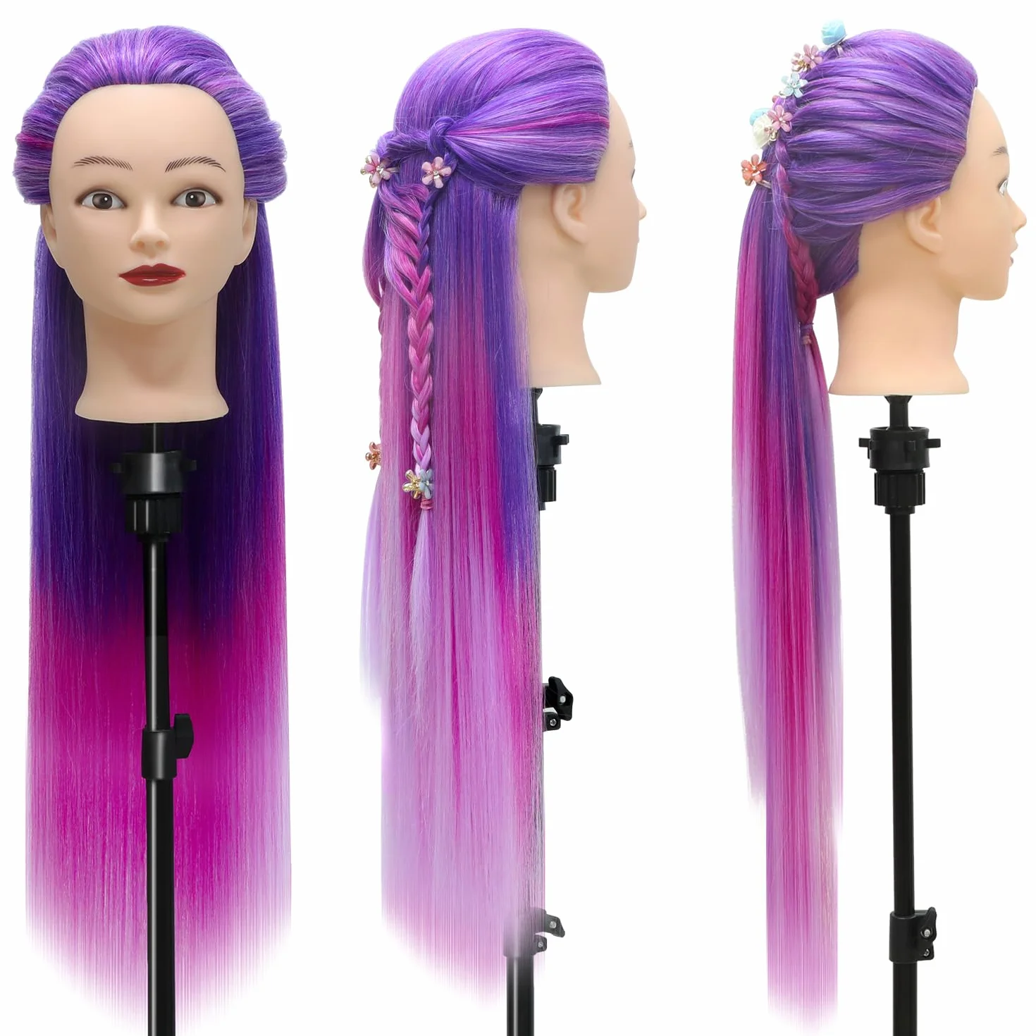 Głowa do stylizacji 71 cm, głowa do treningu fryzjerskiego 100% syntetyczne włosy, głowa do stylizacji z bezpłatnym zaciskiem i zestawem do warkoczenia DIY (fioletowo-czerwono-różowa)