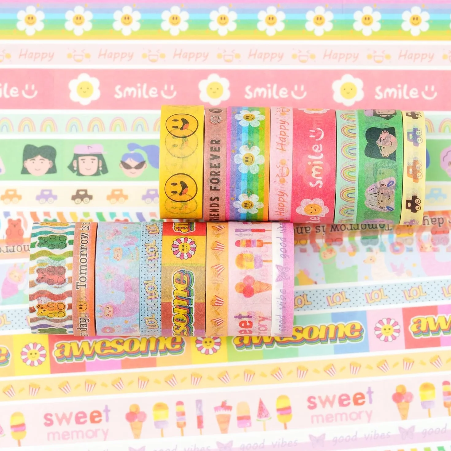 Śliczna taśma Washi z kreskówek, 16 rolek jasnych kolorów, folia do maskowania kawaii, taśma dekoracyjna, kolorowa taśma do samodzielnego wykonania, bullet dzienników, planerów, scrapbookingu,