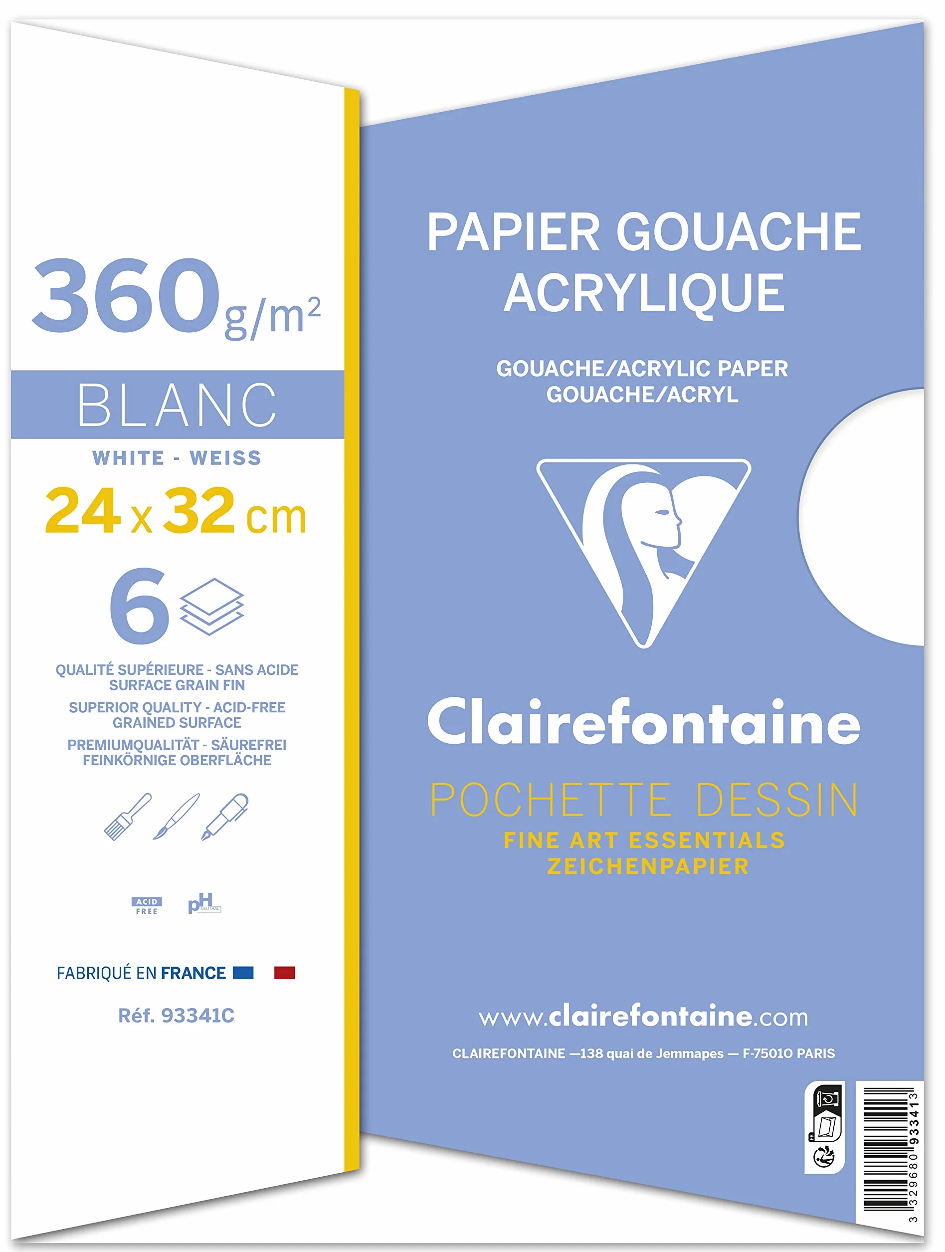 Clairefontaine 93341C papier do farb akrylowych 6 arkuszy 24 x 32 cm 300 g/m² odpowiedni do technik mokrych i gwaszu, papier biały