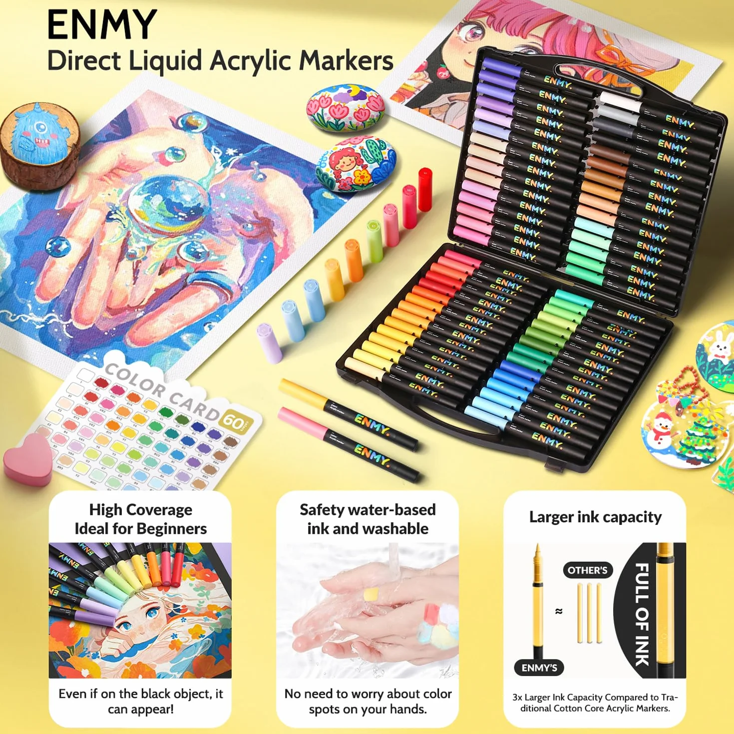 ENMY 48 kolorów kreatywne markery akrylowe na bazie wody, akrylowe markery na bazie wody, końcówka pędzla, płynne akrylowe pióra, do drewna, kamienia, płótna, szkła, tkaniny