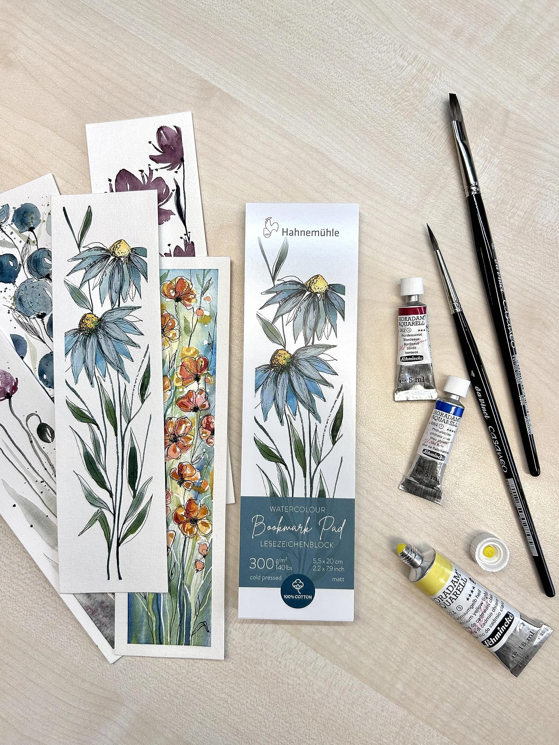 Hahnemühle Watercolour Bookmark Pad, akwarelowy blok do zakładek, 100% bawełna, matowa, 300 g/m², 5,5 x 20 cm, 15 arkuszy