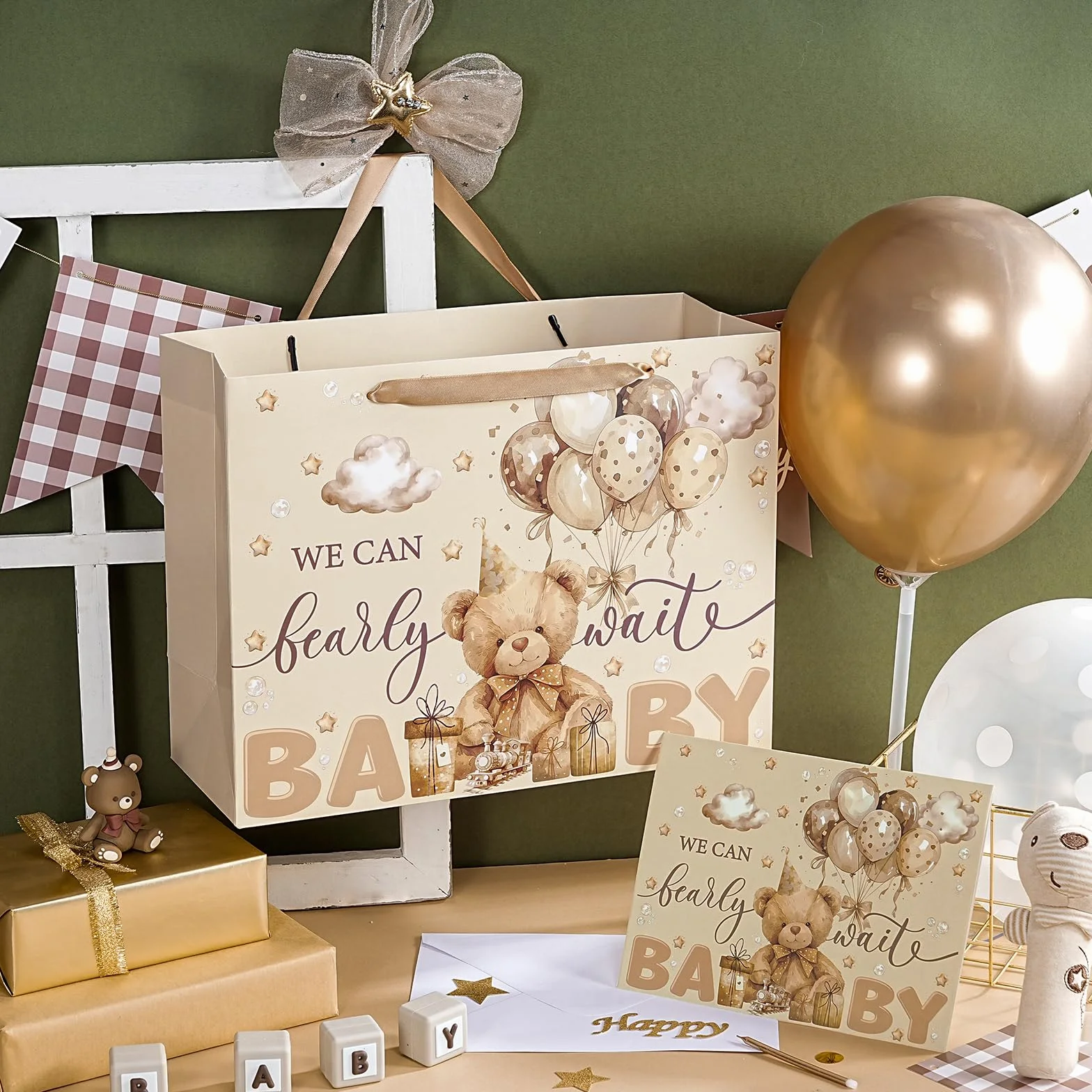Loveinside 33 cm Niedźwiedź Baby Shower Torby na prezenty urodzinowe z bibułką i kartką - brązowy miś papierowe torby dla dzieci chłopców dziewcząt przyjęcie urodzinowe baby shower artykuły