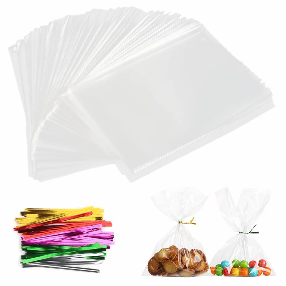 100 sztuk torby celofanowe - 15 x 25 cm przezroczyste torby na słodycze Plastikowe ze kolorowe krawaty twist na prezenty na cukierki Ciastka