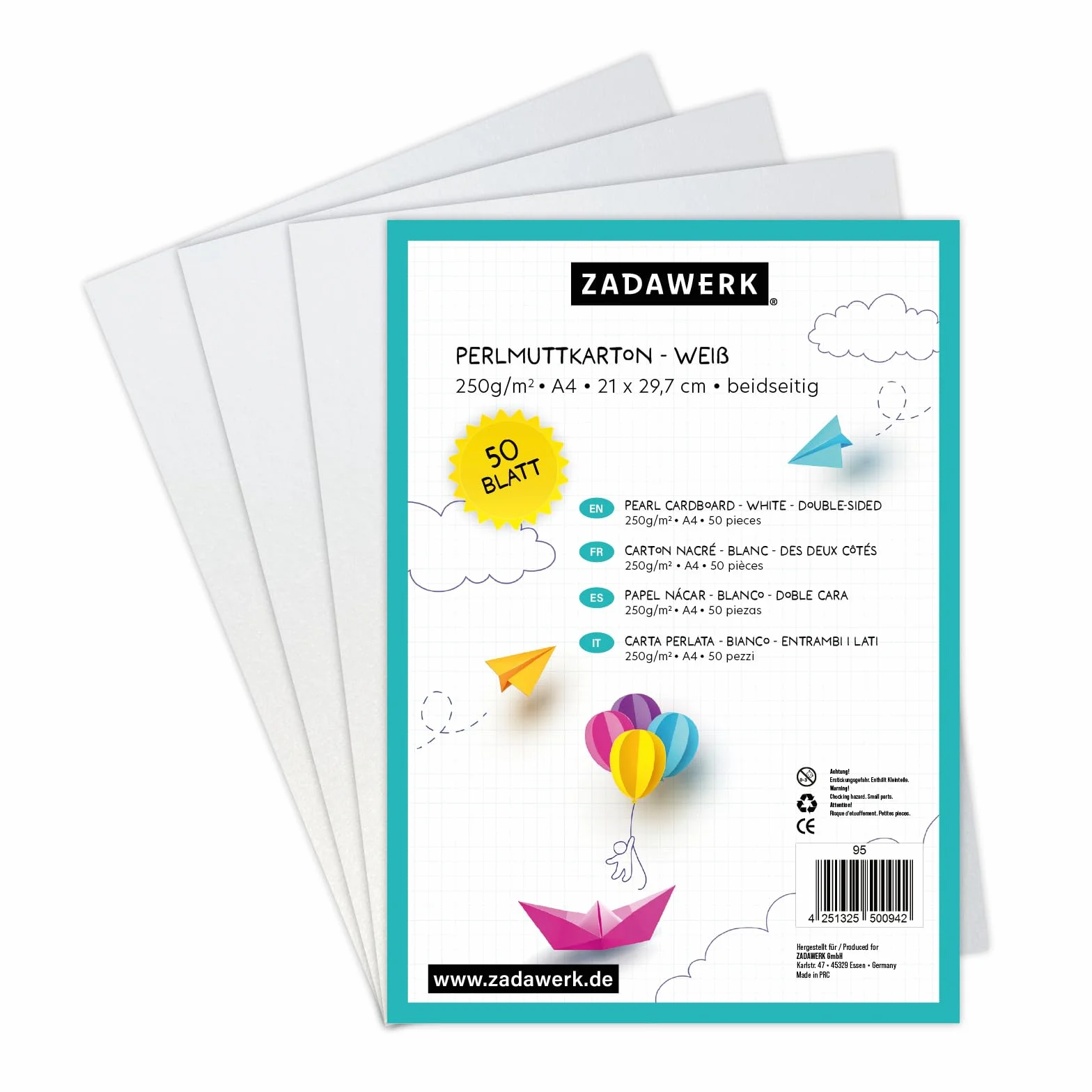 Karton z masy perłowej - 250 g/m² - A4 - biały - 50 arkuszy - perłowy, połyskujący gruby papier dekoracyjny do tworzenia i drukowania kartek - ślub - narodziny