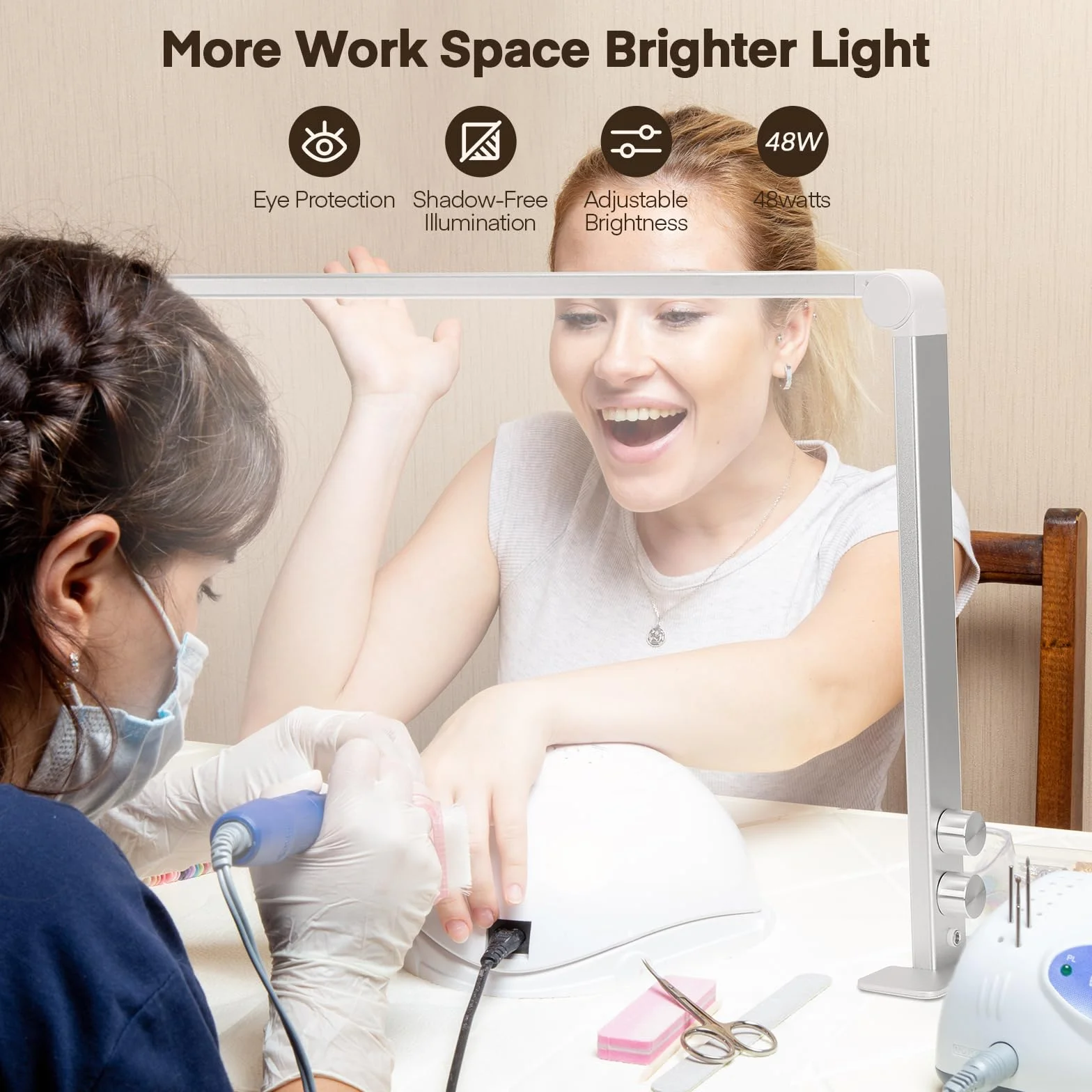 Lampa biurkowa do manicure, 36 W, półksiężycowa lampa do paznokci, 3 tryby 4000K-6000K, ściemnialna lampa biurkowa do manicure, przedłużanie rzęs, tatuaż, brwi (86 cm)