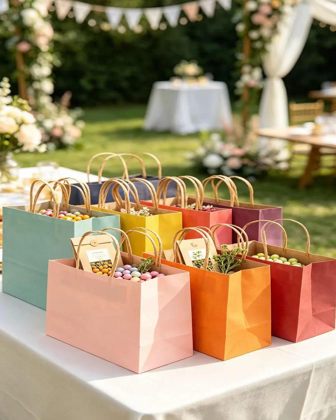 Gcardist 100 sztuk dużych torebek na prezenty z papieru z uchwytami – 32 cm × 11 cm × 25 cm, torebki na imprezę z papieru kraft – 16 jednolitych kolorów