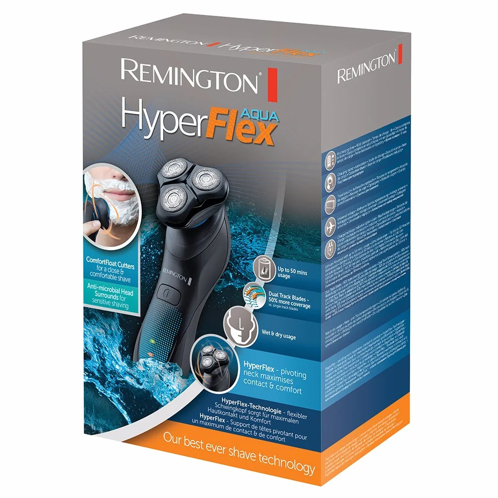 Remington golarka elektryczna, rotacyjna, głowica z jonami srebra, bez podrażnień, wysuwany trymer, golenie na sucho i mokro, bezprzewodowa, podstawka + etui, szara/czarna, HyperFlex Aqua XR1430