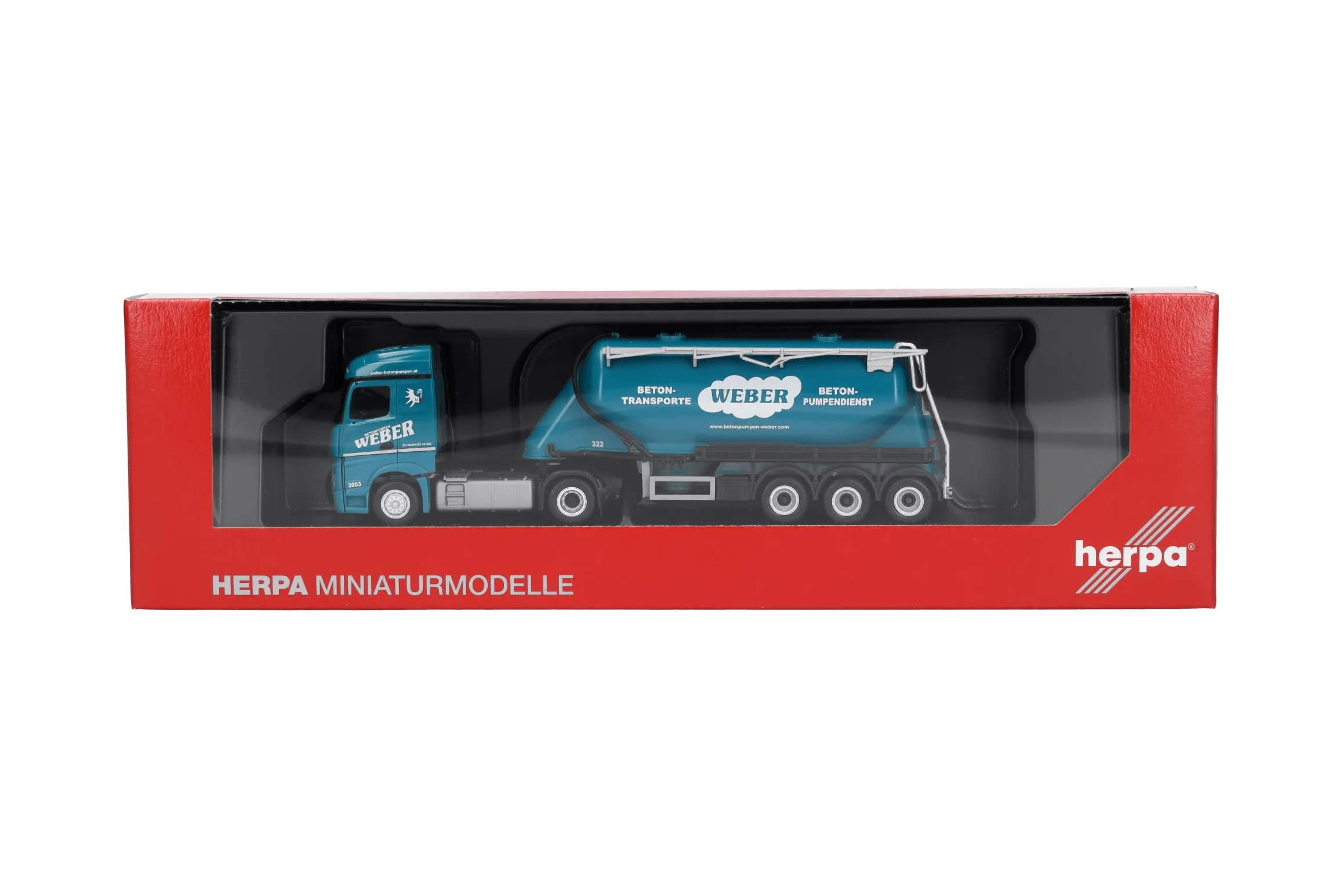 Herpa model ciężarówki Mercedes-Benz Actros 18 Streamspace zestaw z naczepą silosową „Weber Betonpumpen” (Austria), miniatura w skali 1:87, model kolekcjonerski, Made in Germany, tworzywo sztuczne