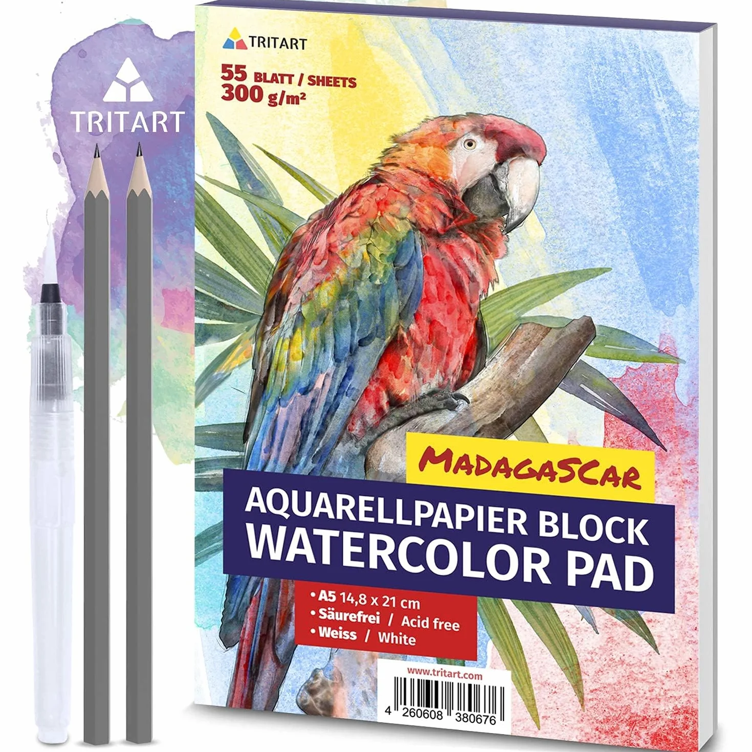 TRITART Papier akwarelowy – DIN A5 300 g – 55 arkuszy – biały – bezkwasowy – papier do rysowania – papier akwarelowy – blok akwarelowy DIN A5 z pędzlem wodnym i 2 ołówkami