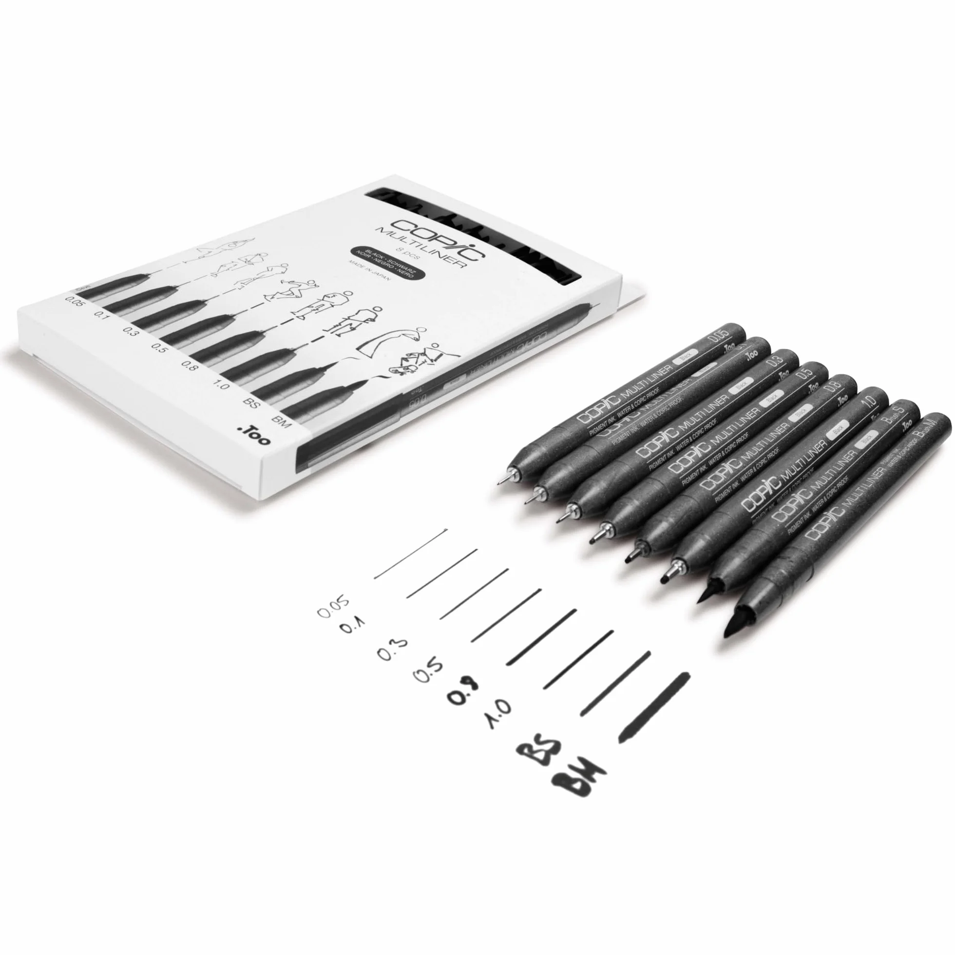 Zestaw Multiliner czarny, 8 pisaków o 8 różnych szerokościach linii z wodoodpornym tuszem pigmentowym, odpornym na rozmazywanie i promieniowanie UV, do szkiców i ilustracji