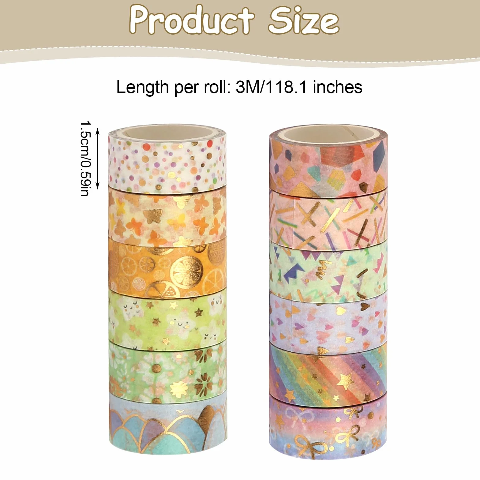 HFDONGL Washi Tape zestaw 12 rolek taśmy maskującej Washi, 15 mm x 3 m, złota folia kwiatowa, dekoracyjna taśma klejąca, kolorowa taśma papierowa do samodzielnego wykonania, rzemiosła, bullet