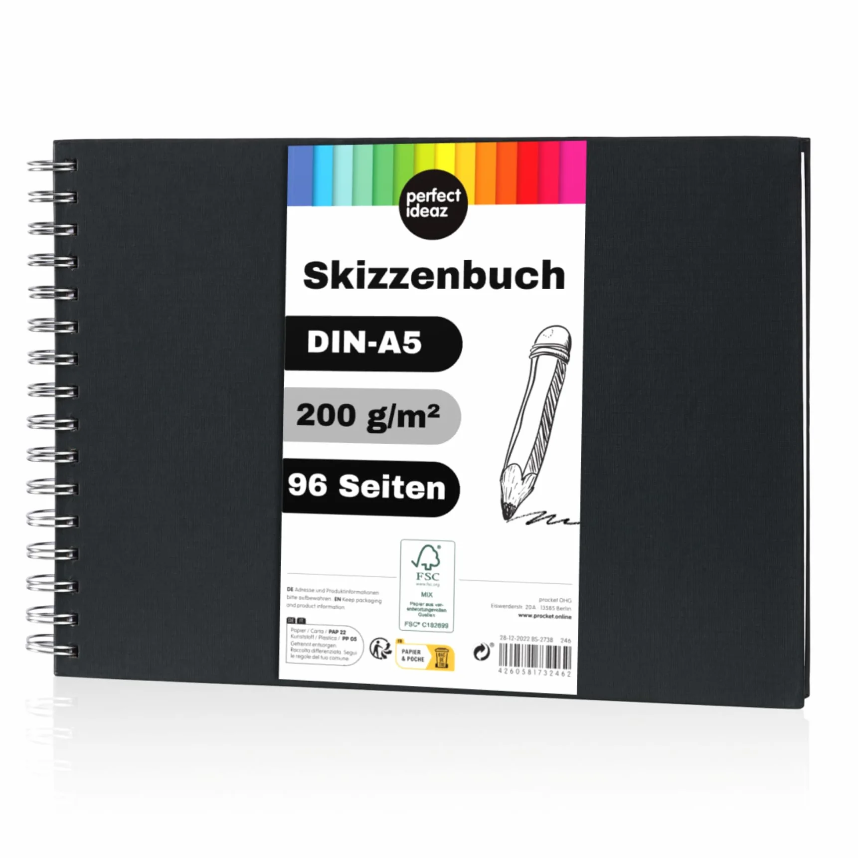 perfect ideaz szkicownik 96 stron (48 arkuszy) DIN-A5, profesjonalny notatnik do rysowania, książka spiralna z białym białym białym papierem, 200 g, szkicownik i czarna księga do rysowania