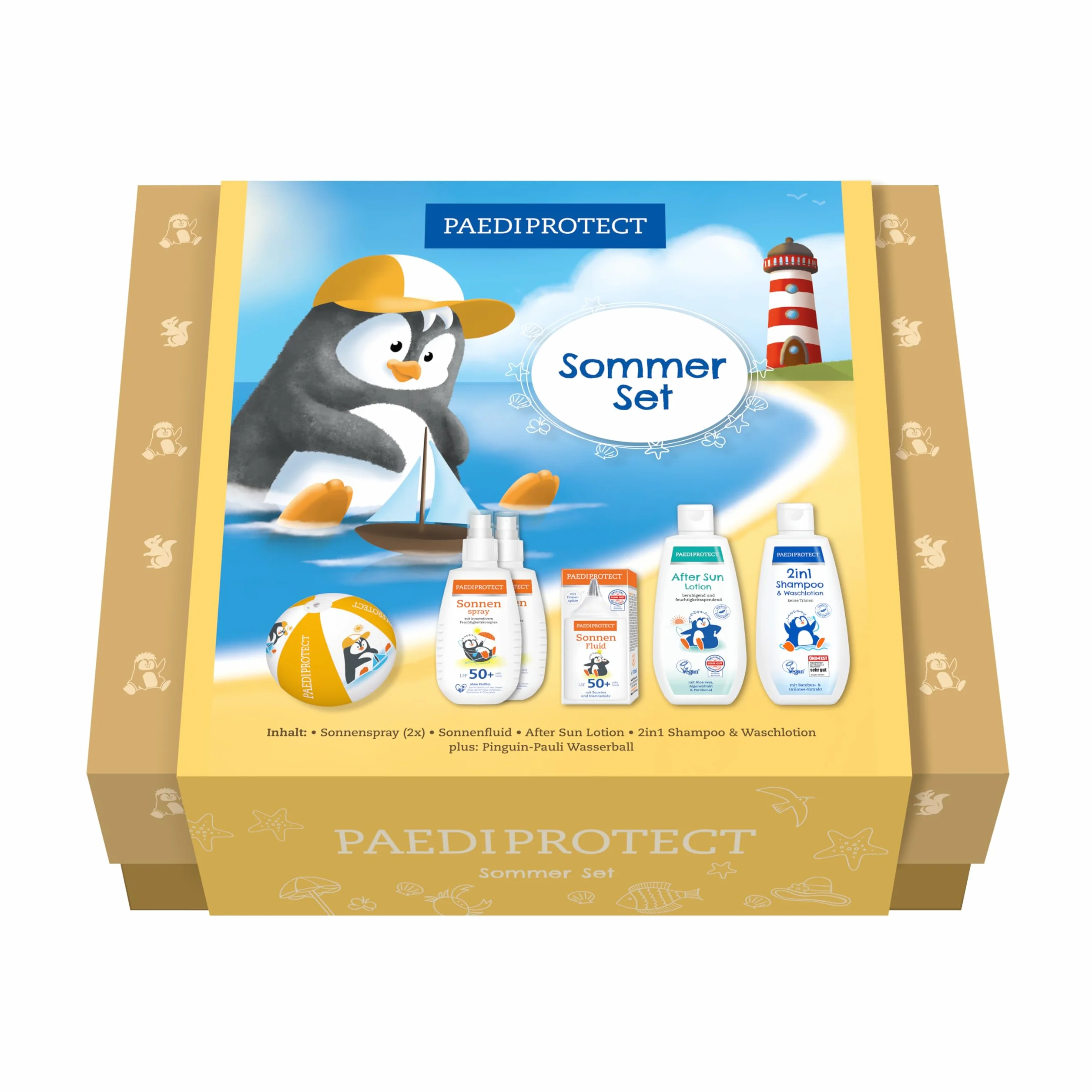 PAEDIPROTECT zestaw na lato dla dzieci i niemowląt produkty do ochrony przeciwsłonecznej i pielęgnacji skóry, w tym 2x krem do opalania nad morzem, 1x krem do opalania do twarzy, 1x szampon i płyn do mycia 2w1, 1x płyn do pielęgnacji skóry & 1x kula wodna
