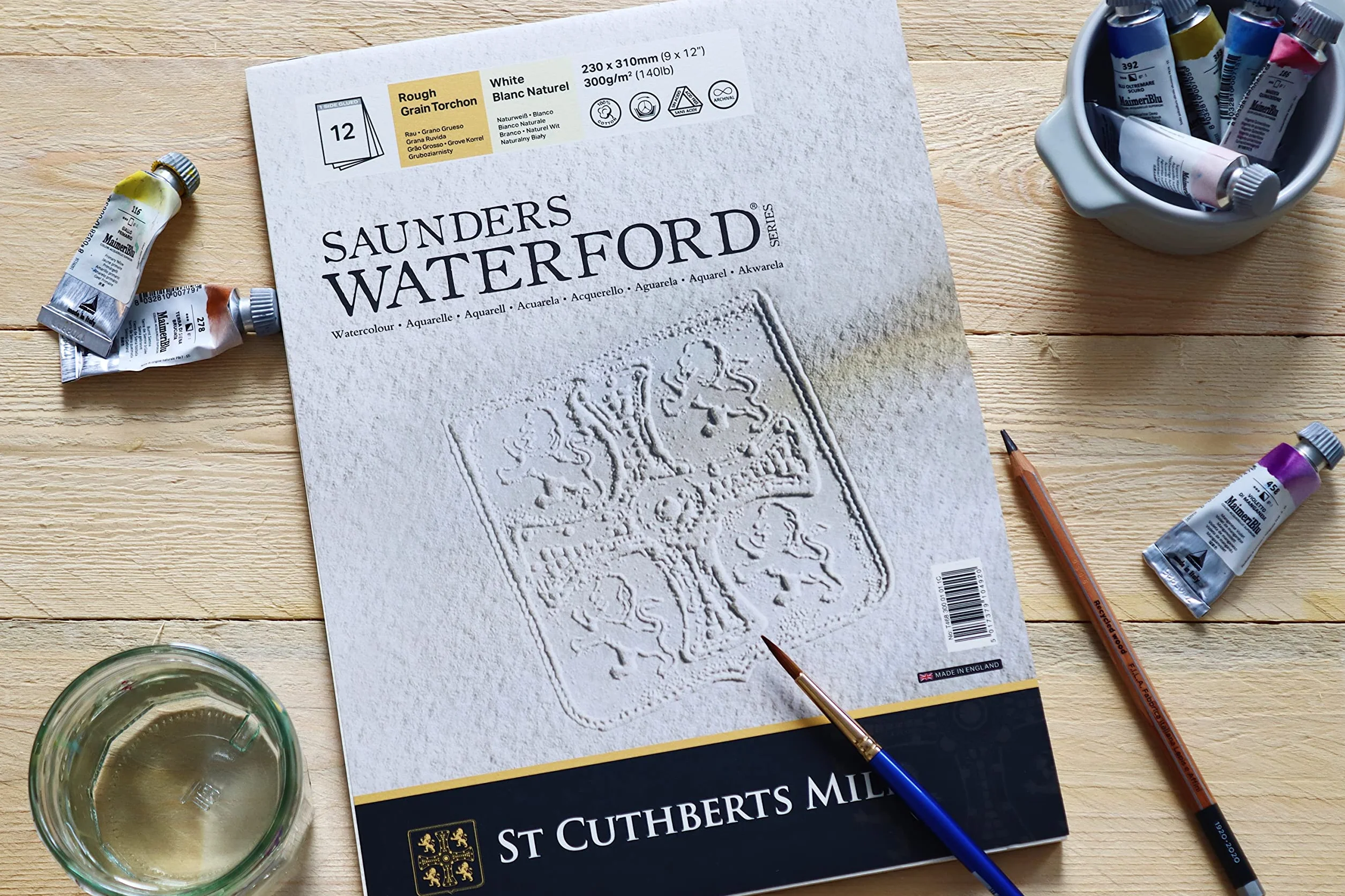 ST. CUTHBERTS MILL Saunders Waterford, szorstki papier akwarelowy, 300 g/m², blok klejony na krótszym boku, 23 x 31 cm, naturalna biel, 12 arkuszy