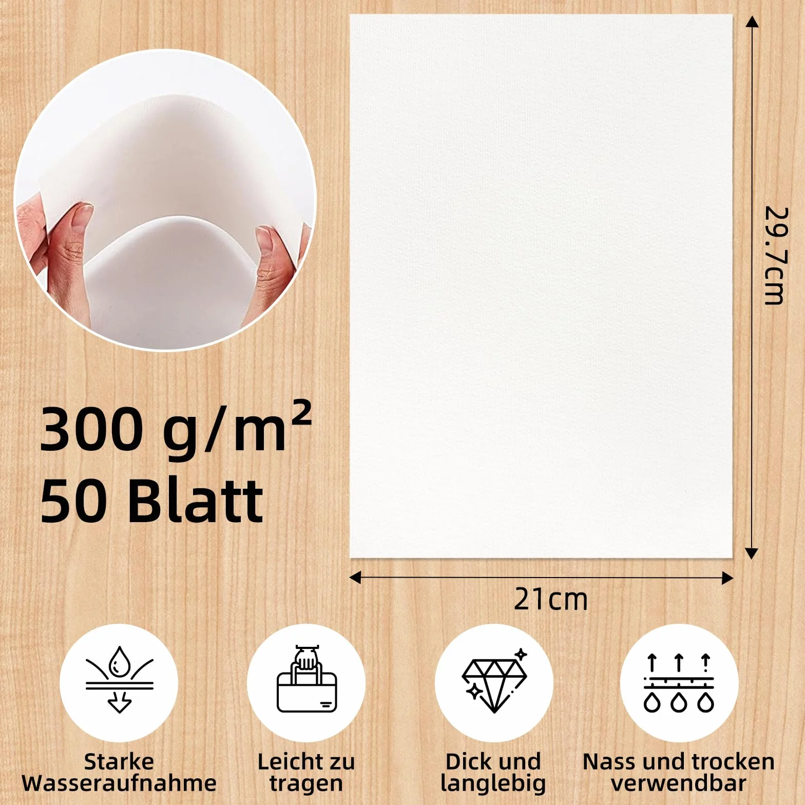 Papier akwarelowy A4, 300 g, 50 arkuszy, blok akwarelowy, A4, akwarela, papier akwarelowy, do akwareli, gwaszu, akrylu, rysowania, dzieł sztuki, dla studentów (21 x 29,7 cm)