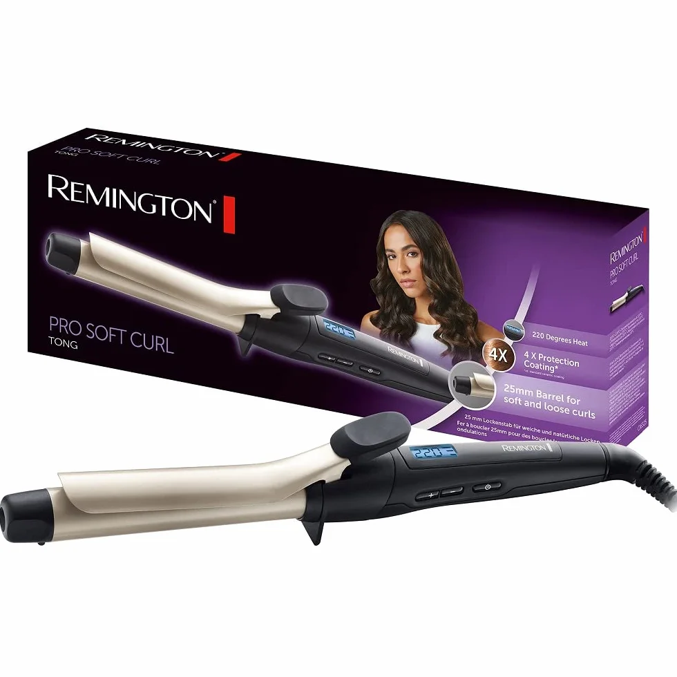 Remington lokówka z jonizacją (25mm) z klipsem, powłoka ceramiczna z turmalinem, 4x ochrona włosów, regulacja temp do 220°C, szybkie nagrzewanie, moc 45W, czarno-beżowa, Pro Soft Curl 6325