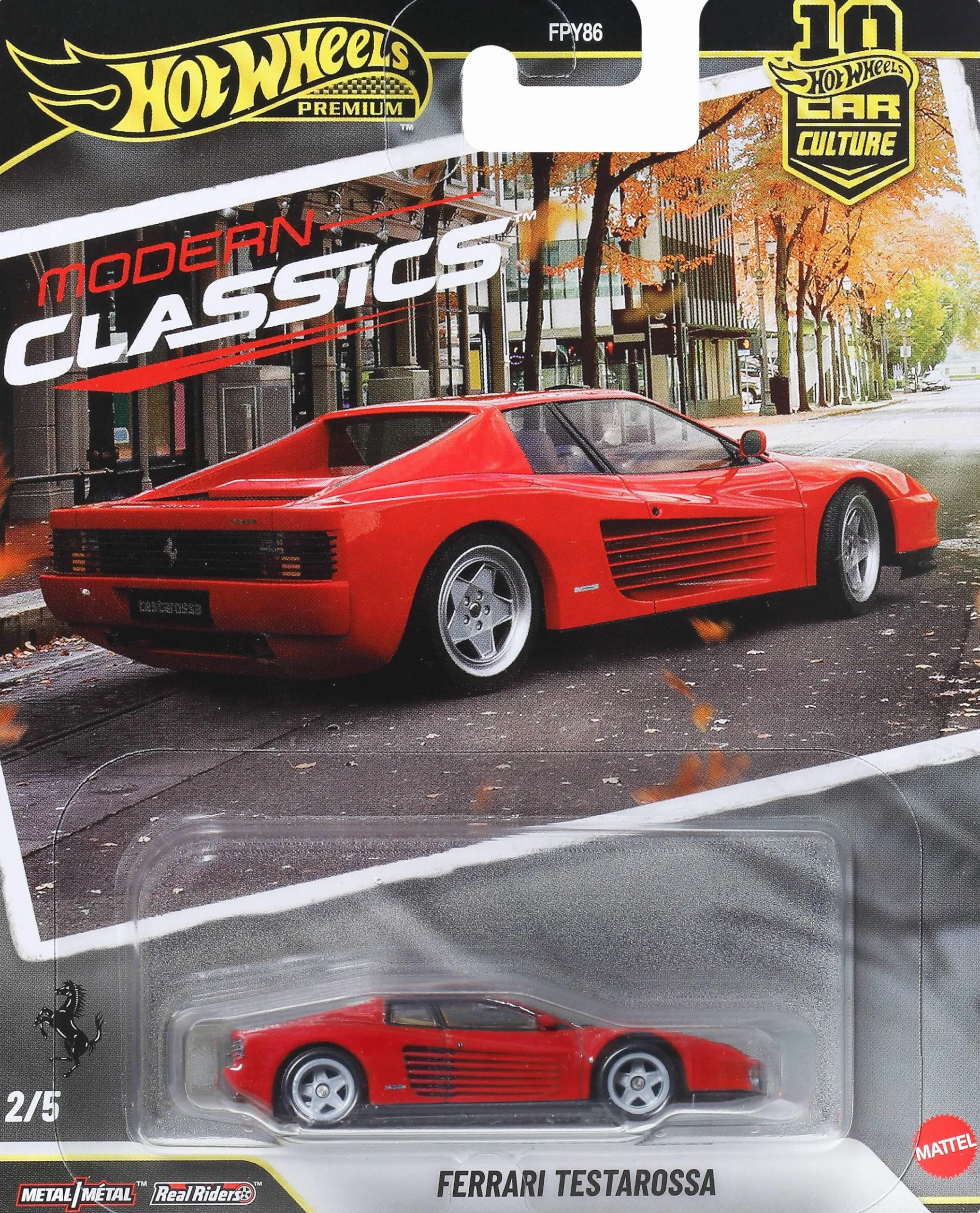 Hot Wheels Premium Car Culture Kultowe auta Samochodzik Ferrari Testarossa, metalowe auto w skali 1:64, opony Real Riders, metalowa konstrukcja, samochód zabawka dla dzieci 3+ i kolekcjonerów, JKF00