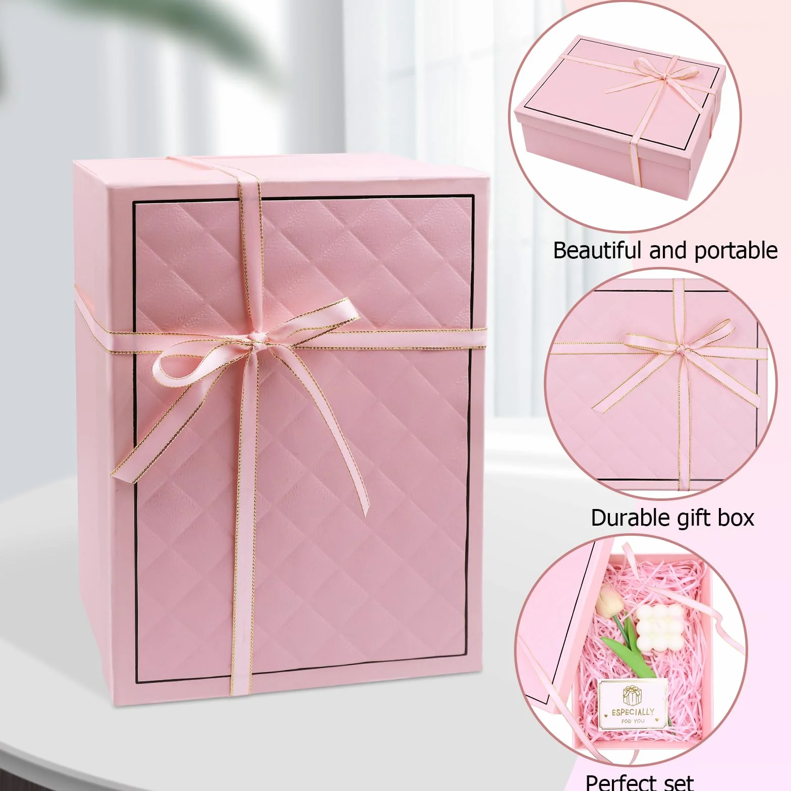 Pudełko prezentowe z pokrywką 25 x 9 x 18 cm, pudełko na prezent, duże pudełko na prezent, dekoracyjne pudełko na prezent, z rozdrobnionym papierem, kartki (różowe)