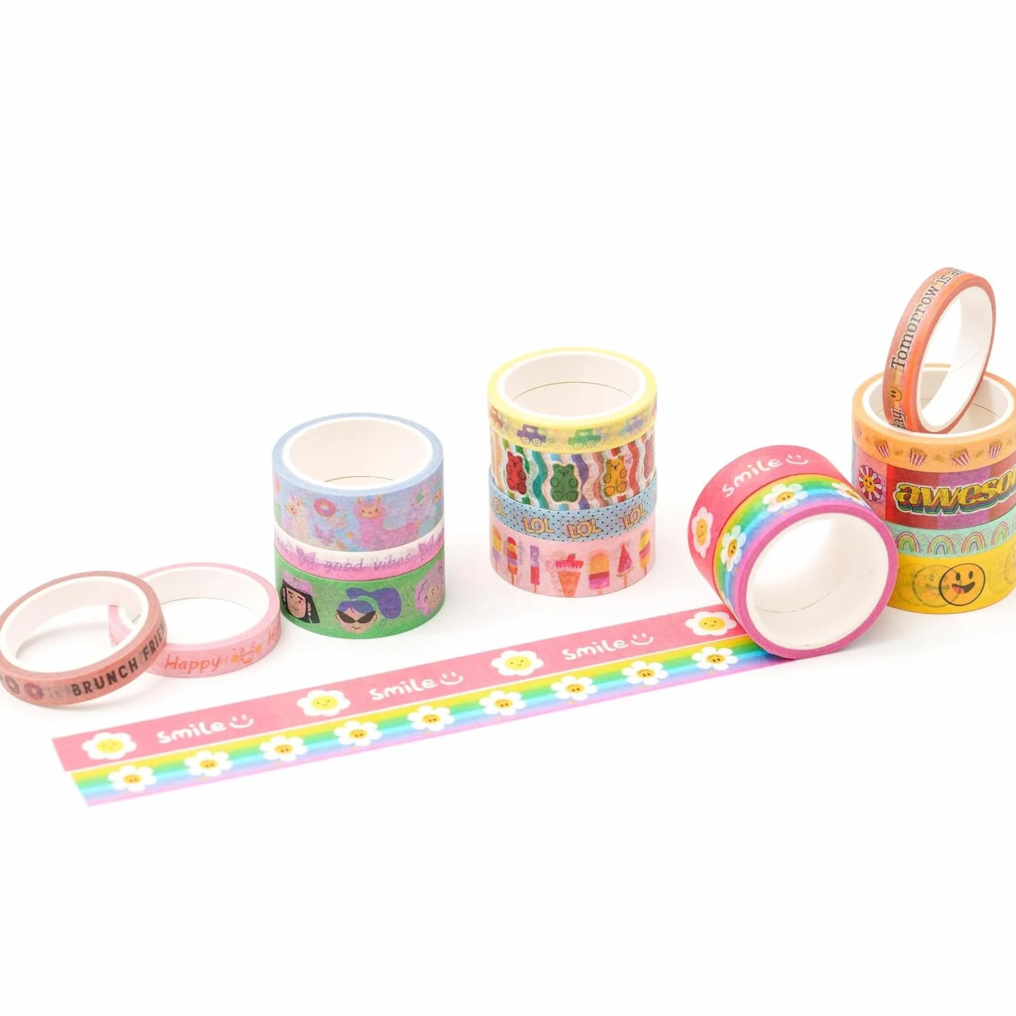 Śliczna taśma Washi z kreskówek, 16 rolek jasnych kolorów, folia do maskowania kawaii, taśma dekoracyjna, kolorowa taśma do samodzielnego wykonania, bullet dzienników, planerów, scrapbookingu,