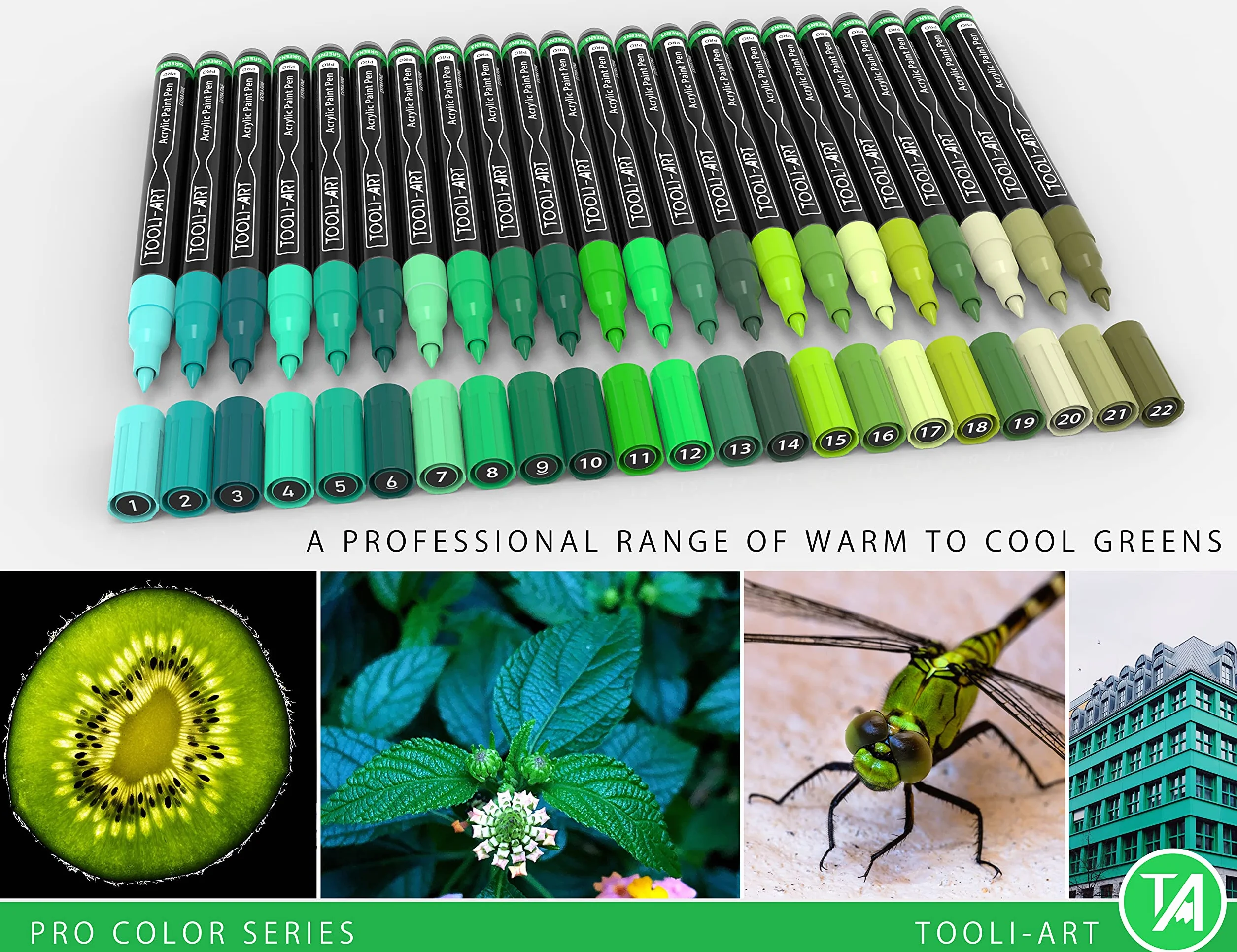 TOOLI-ART Zestaw markerów akrylowych, 22 różne zielone markery z serii Pro Color, 0,7 mm, bardzo cienka końcówka do malowania skalnego, szkła, kubków, drewna, metalu, płótna, DIY, nietoksyczne, na