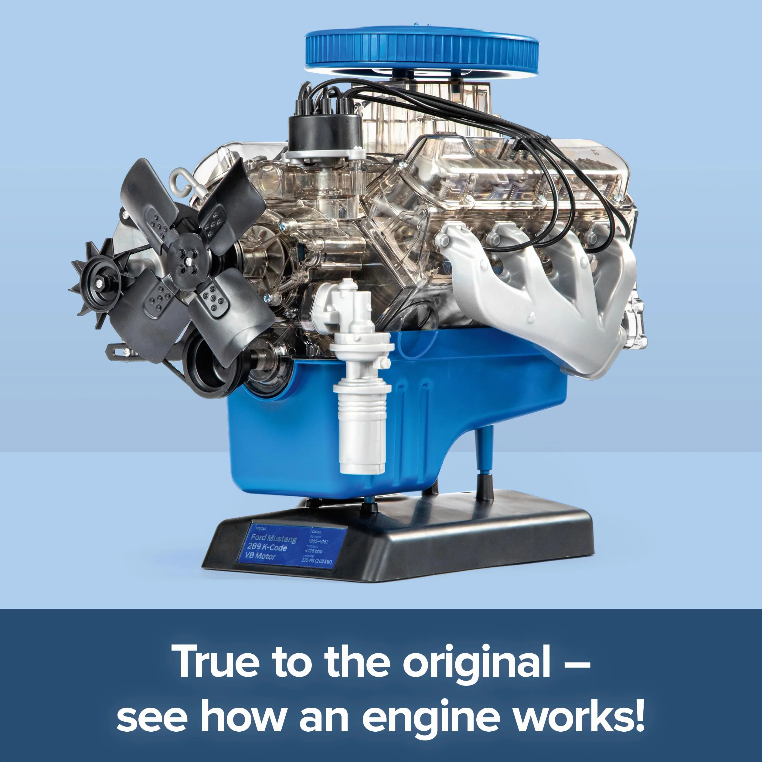 FRANZIS 67501 - Ford Mustang V8 - a true-to-life model kit of 1:4 scale of the Ford Mustang engine, original motorsound and a comprehensive accompanying handbook with 100 pages
